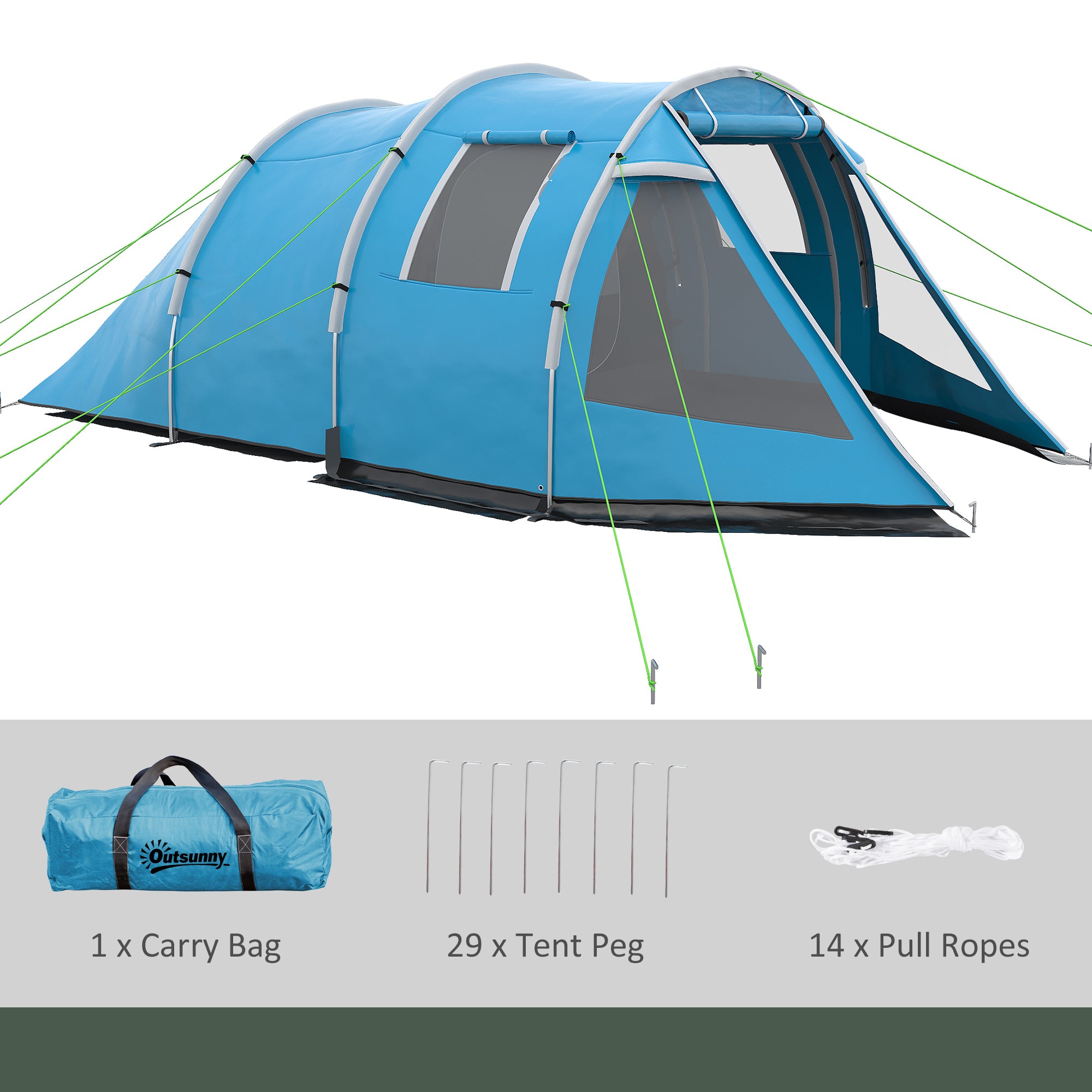 Outsunny 3-4 Man Tunnel Tent, Two Room Camping Tent with Windows and Covers, Portable Carry Bag, for Fishing, Hiking, Sports, Festival - Blue - North Peak Garden Furniture