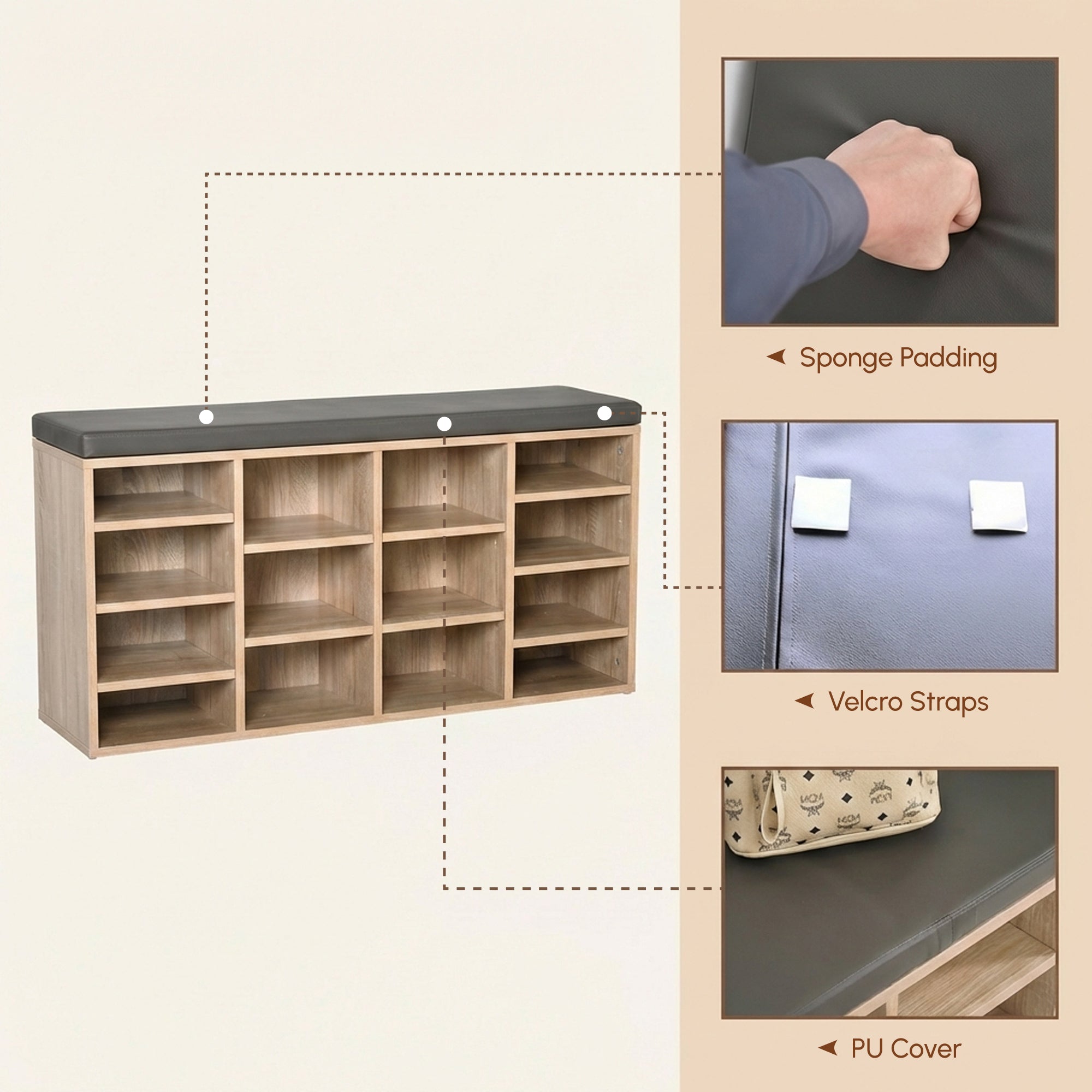 HOMCOM Multi-Storage Shoe Rack w/ 14 Compartments Cushion Moving Shelves Solid Frame Foot Pads Home Office Tidy Organisation Boots Trainers Brown