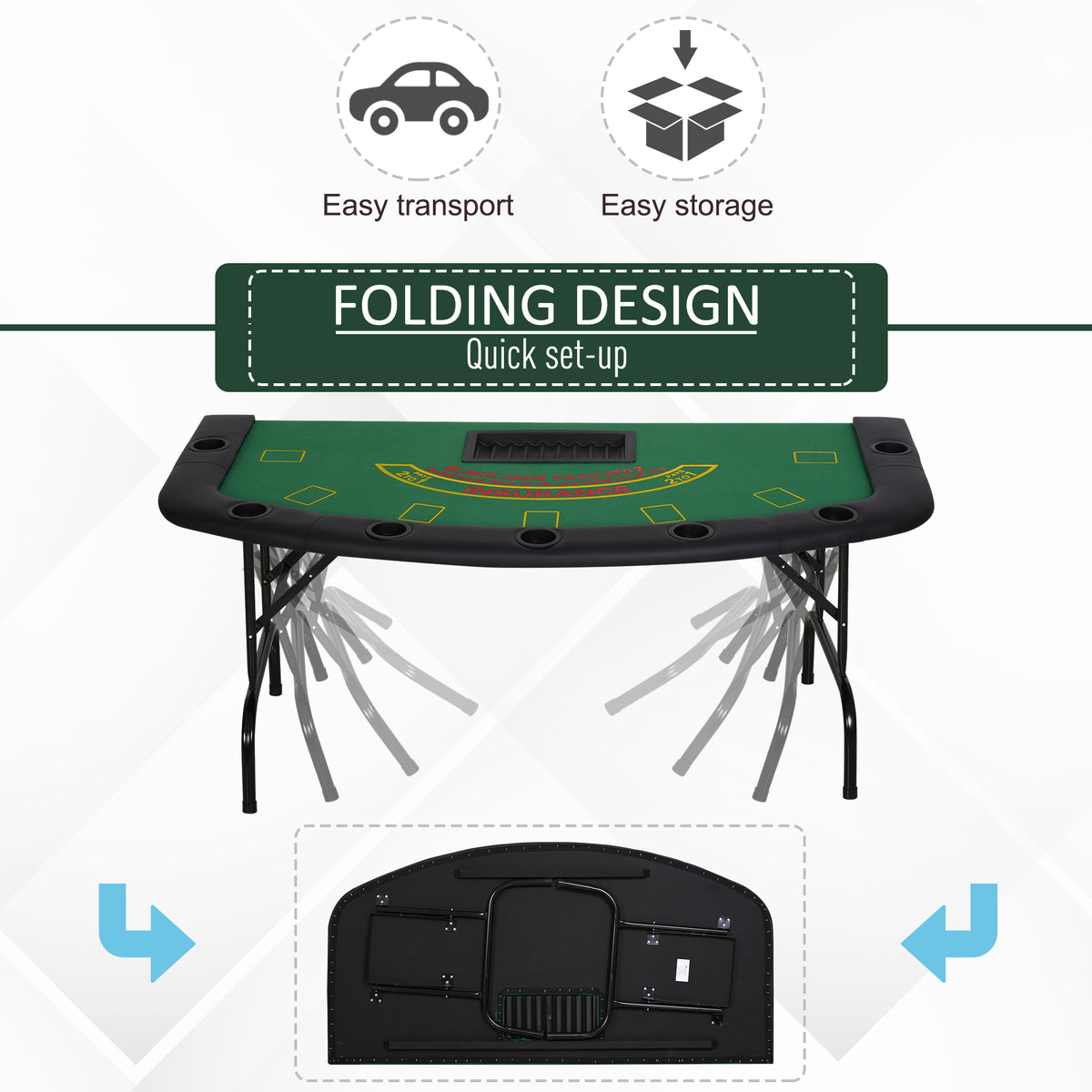 HOMCOM Poker Table, 7-Player Folding Blackjack Table with Chip Tray, Cup Holders, Padded Rails, 182 x 91 x 75 cm, Green