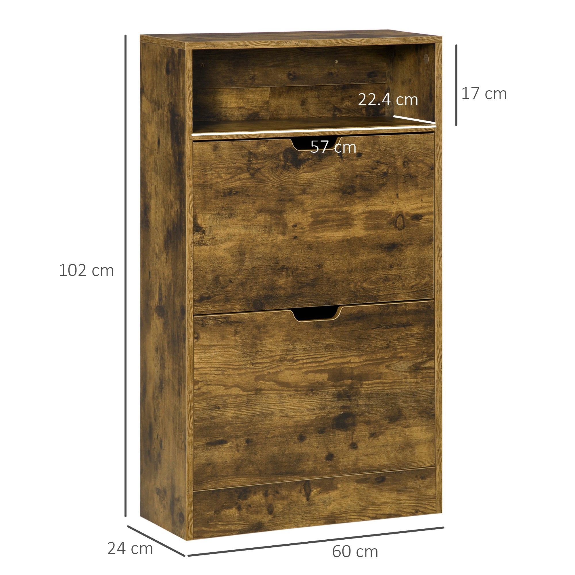 HOMCOM Shoe Cabinet with 2 Flip Doors, Slim 2-Drawer Shoe Cupboard with Adjustable Divider and Open Compartment for 12 Pairs of Shoes, Entryway Storage Unit, Rustic Brown - North Peak Garden Furniture