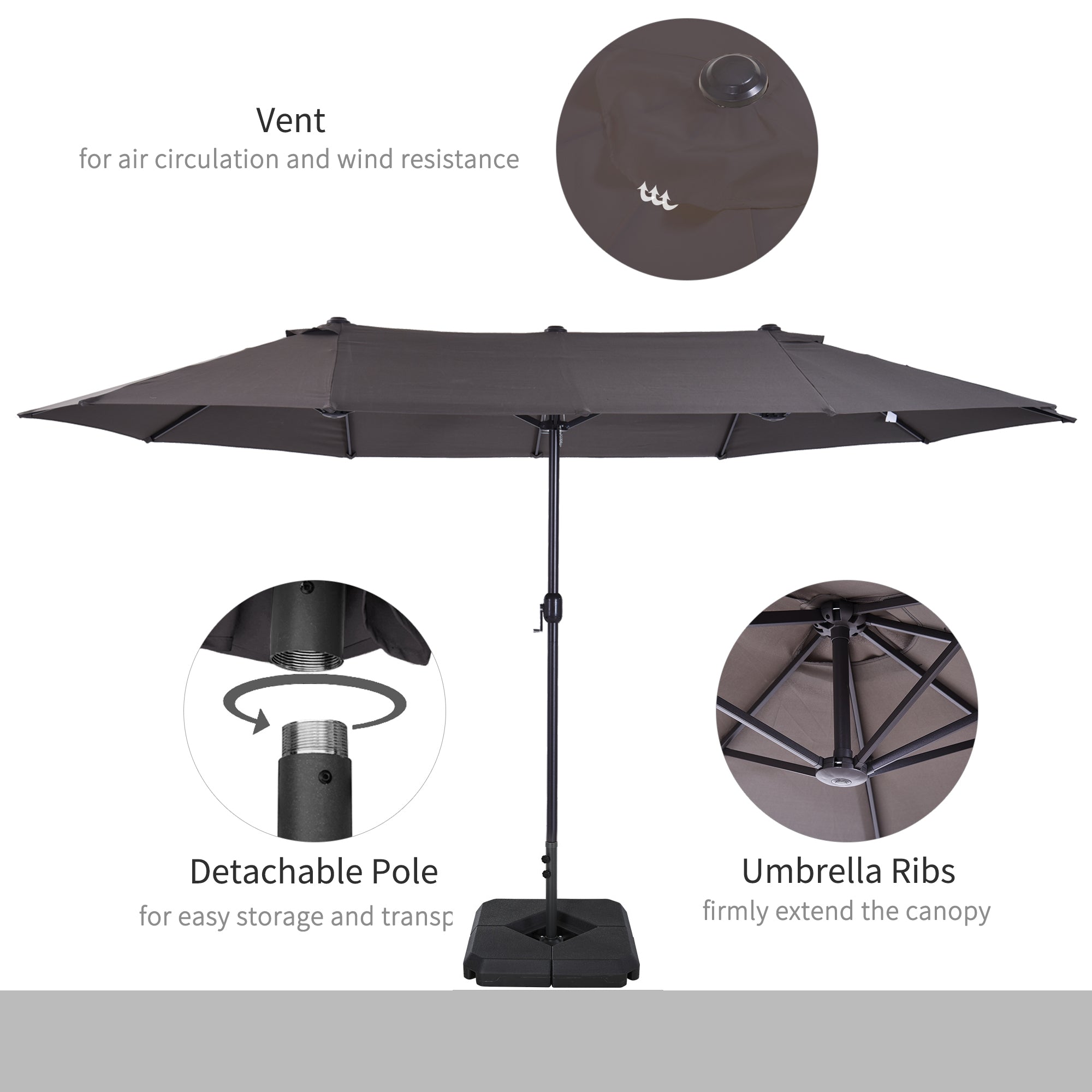 Outsunny 4.6m Garden Parasol Double-Sided Sun Umbrella Patio Market Shelter Canopy Shade with Weight Base, Grey