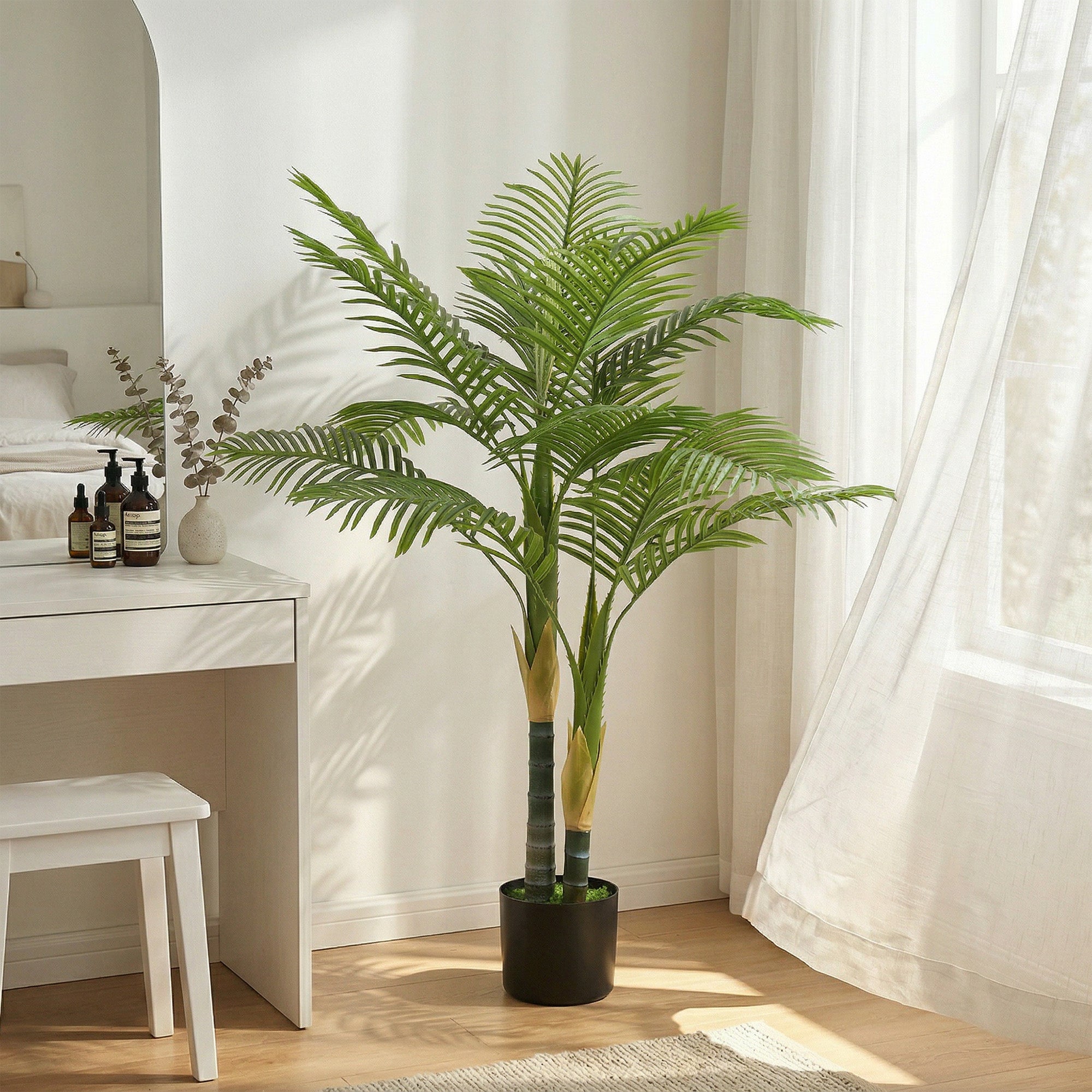 HOMCOM Artificial Palm Tree with 14 PEVA Leaves, 120cm Decorative Artificial Plant with Pot and Moss Effect, Green