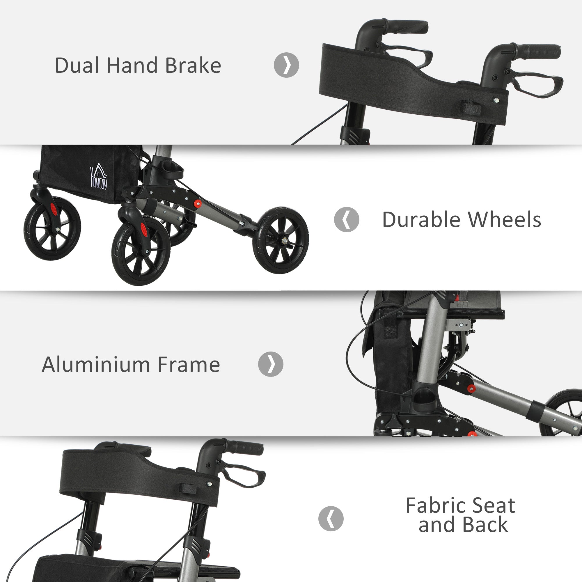 HOMCOM 4 Wheel Rollator with Seat and Back, Folding Mobility Walker with Carry Bag, Adjustable Height, Dual Brakes, Cane Holder, Lightweight Aluminium Walking Frame for Seniors and Disabled, Silver