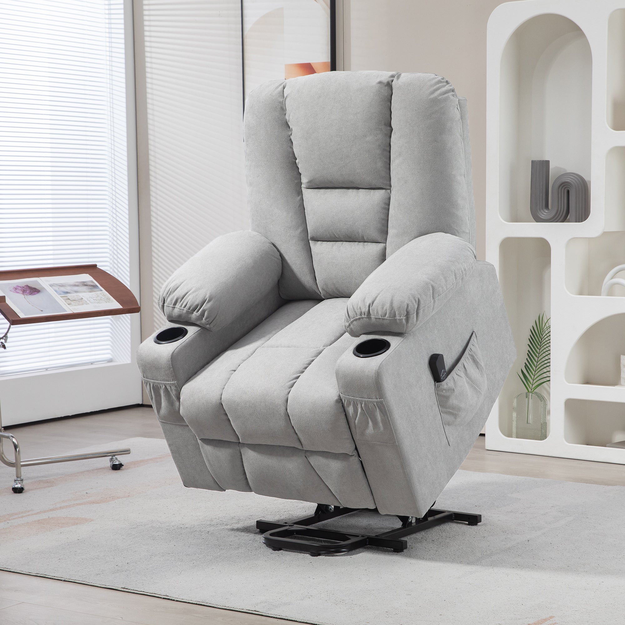 HOMCOM Oversized Riser and Recliner Chairs for the Elderly, Fabric Upholstered Lift Chair for Living Room with Remote Control, Side Pockets, Cup Holder, Light Grey - North Peak Garden Furniture
