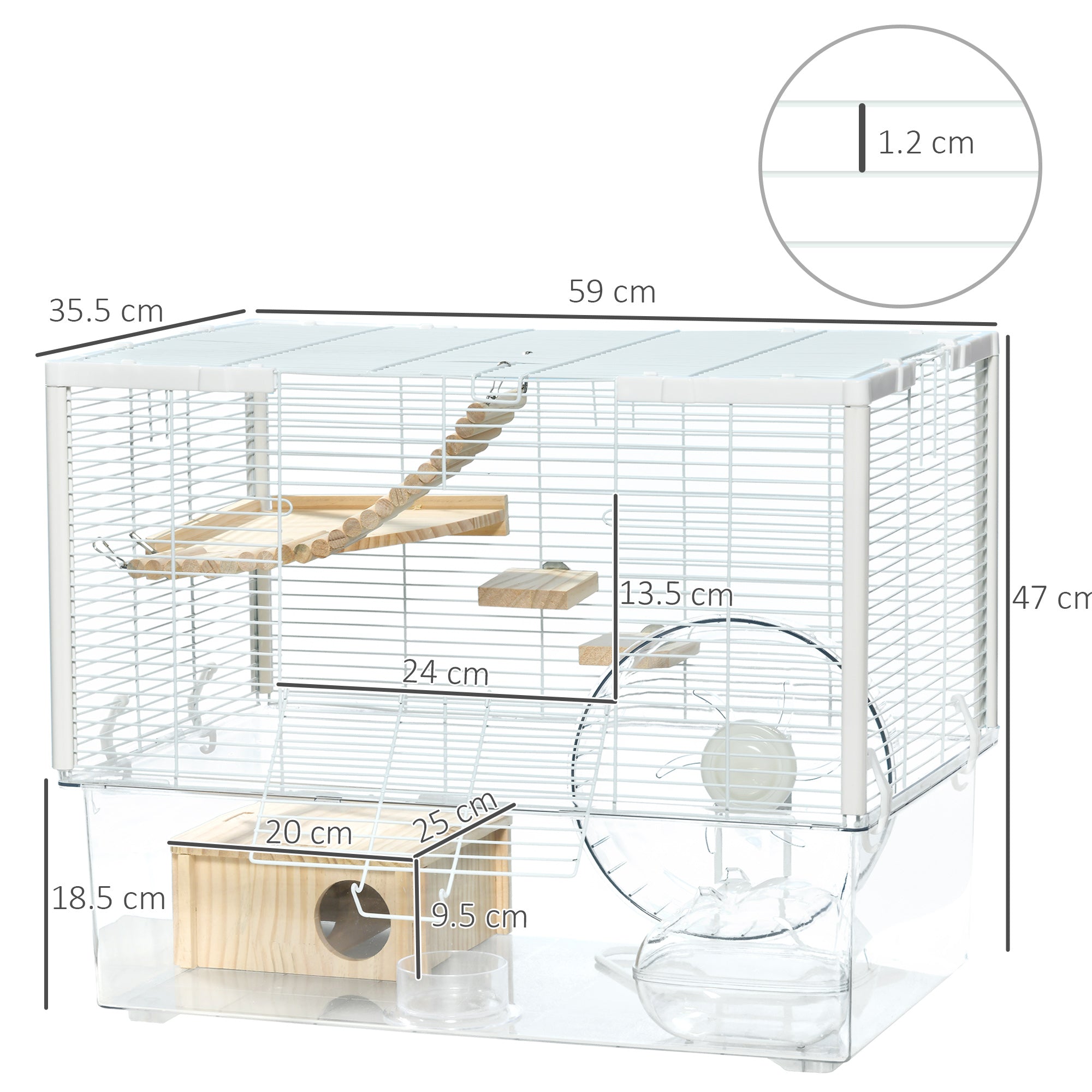 PawHut Hamster Cage, Gerbil Cage with Wooden Ramp, Exercise Wheel, Food Bowl - White - North Peak Garden Furniture
