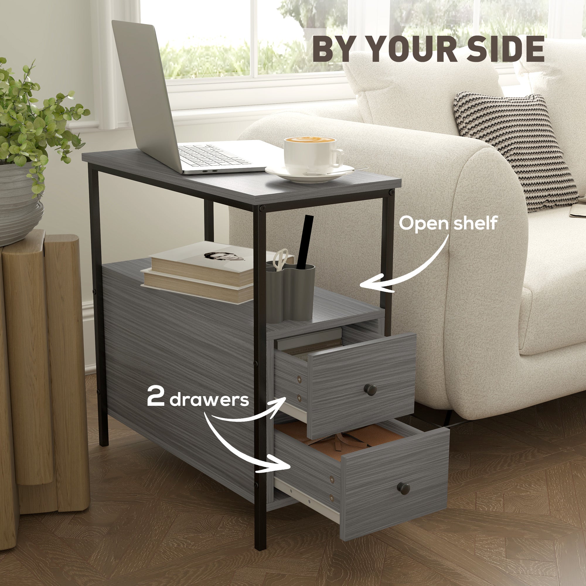 HOMCOM Side Table, Narrow Bedside Table with 2 Drawers and Storage Shelf, Industrial End Table with Metal Frame for Small Spaces, Grey Wood Grain - North Peak Garden Furniture