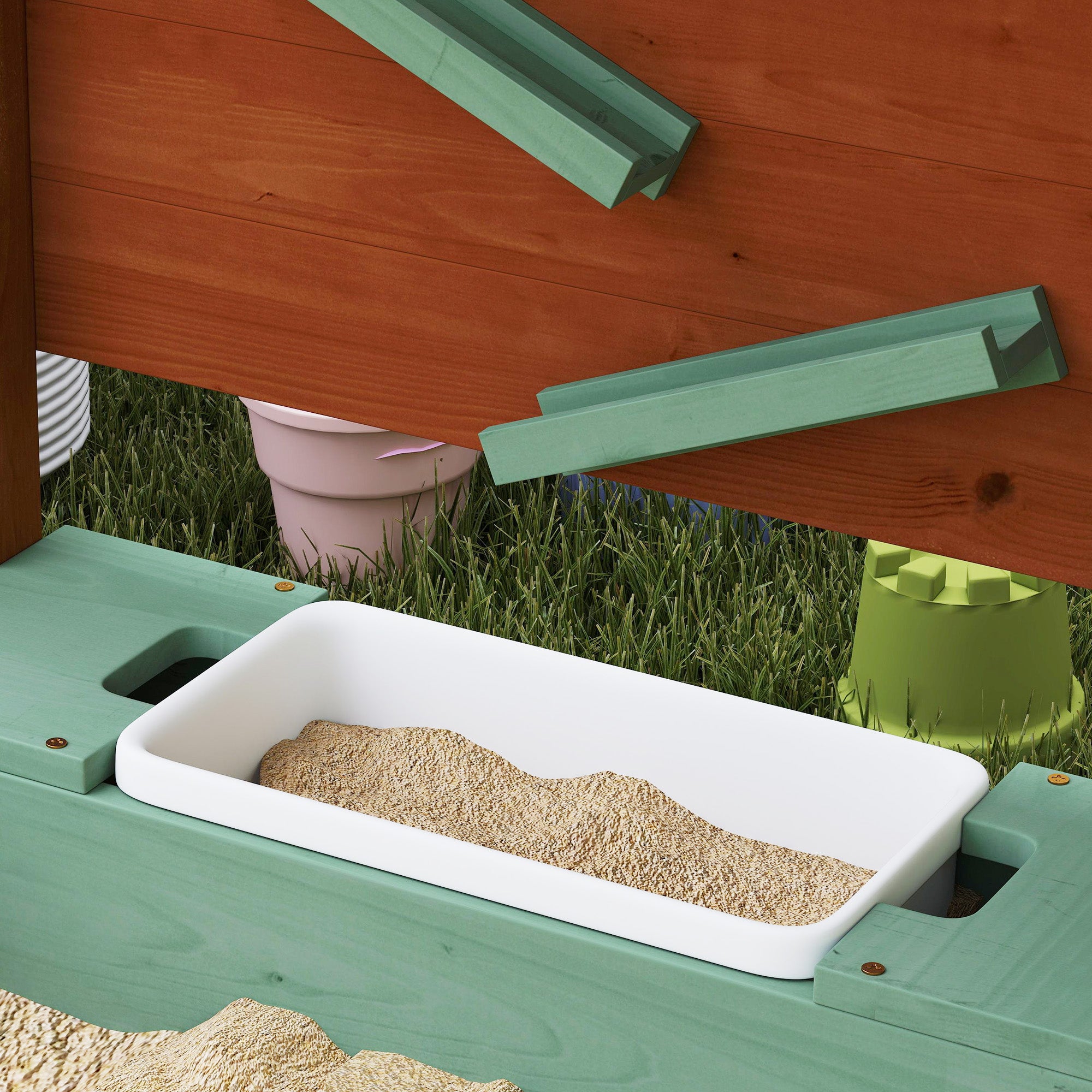 AIYAPLAY Wood Sandpit with Canopy, Storage Bins, Funnel, Liner, Chutes, Bucket with Tap, 116 x 112.5 x 128 cm, Green - North Peak Garden Furniture