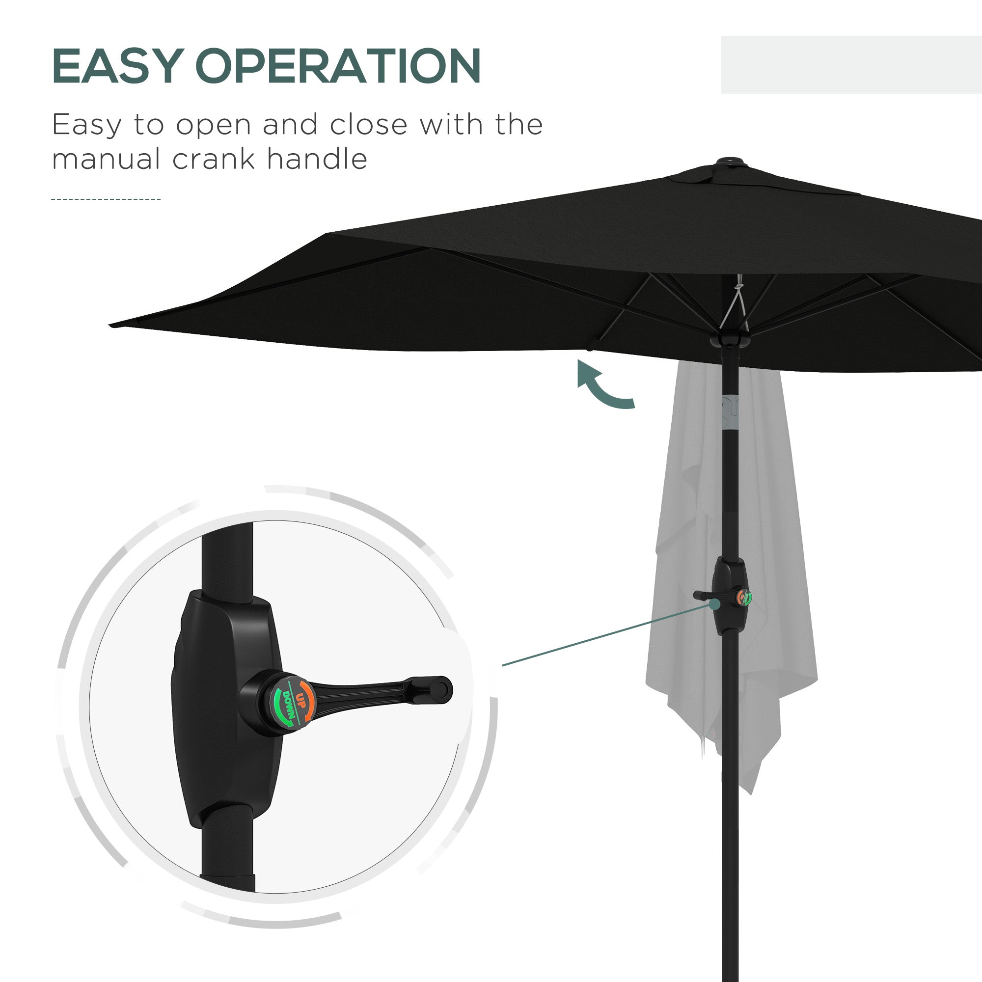 Outsunny 2 x 3(m) Garden Parasol Umbrella, Rectangular Outdoor Market Umbrella Sun Shade with Crank & Push Button Tilt, 6 Ribs, Aluminium Pole, Black - North Peak Garden Furniture