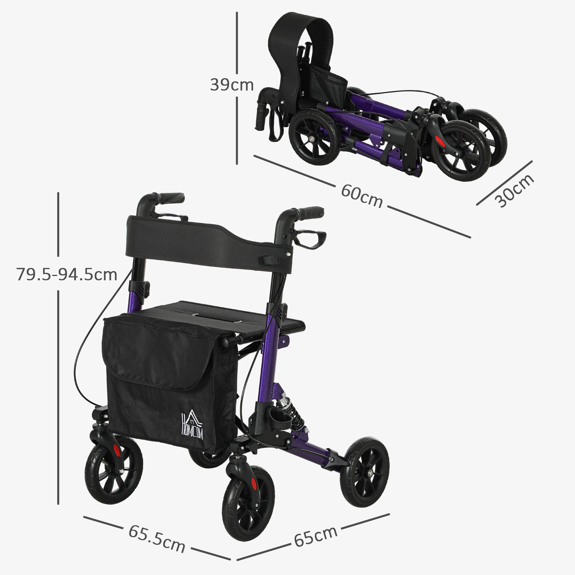 HOMCOM Folding Rollator Walker with Seat, Backrest, Lightweight Walking Frame with Storage Bag, Dual Brakes, Adjustable Handle Height, Suspension System, 4 Wheeled Walker for Seniors, Purple - North Peak Garden Furniture