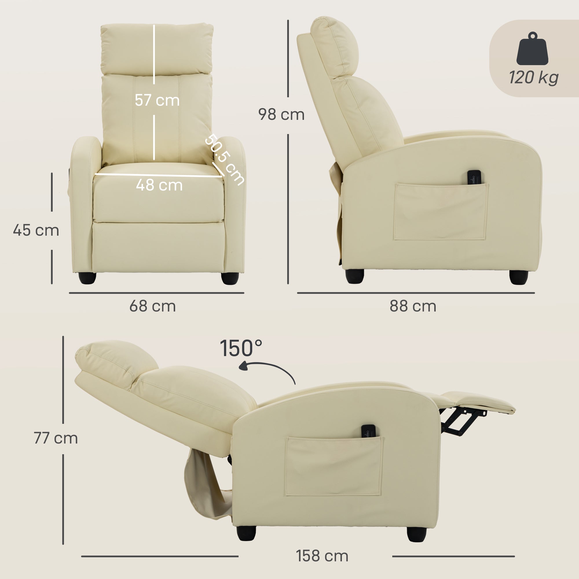 HOMCOM Recliner Armchair, Massage Faux Leather Push Back Reclining Chair with Adjustable Leg Rest, Side Pocket, Cream White