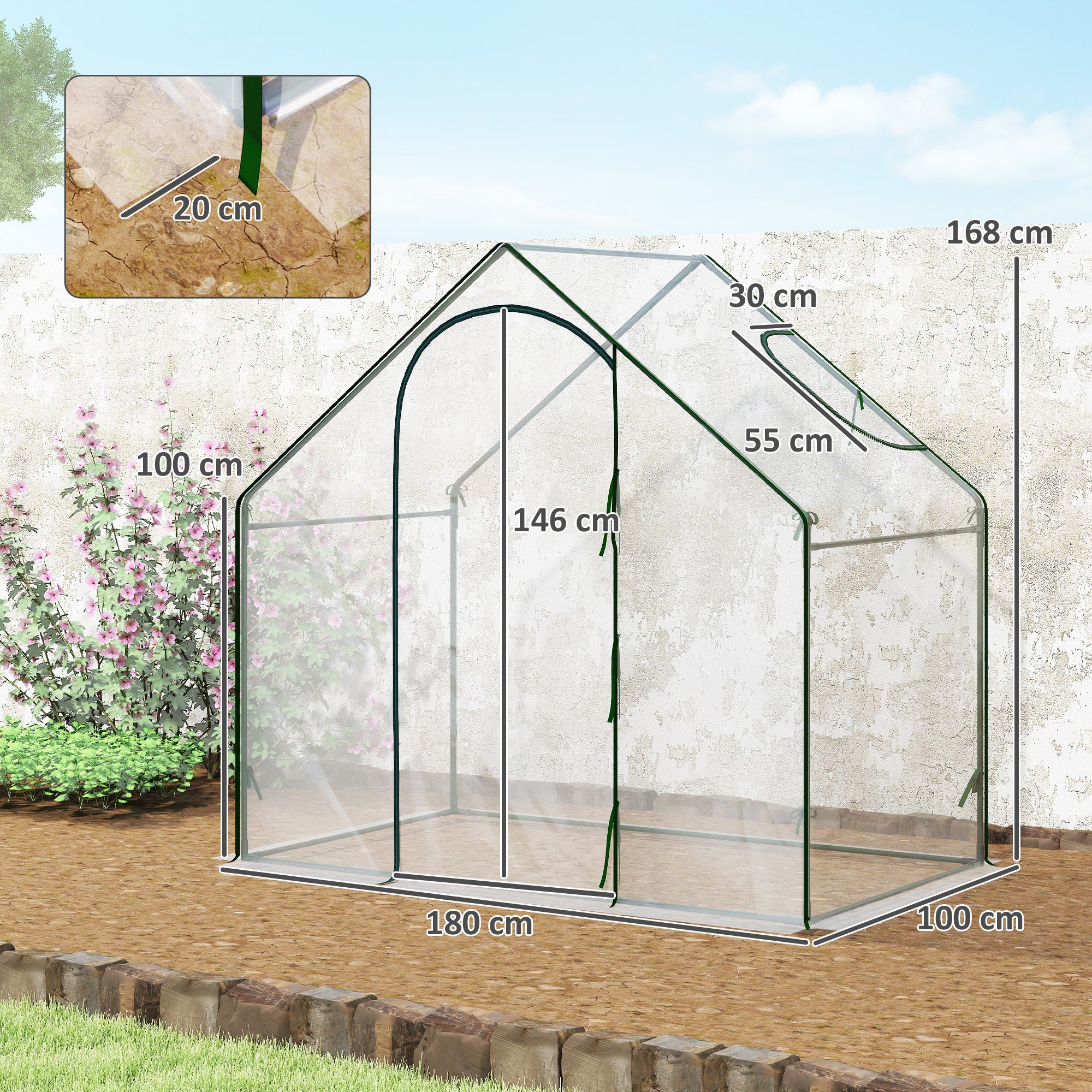 Outsunny Walk In PVC Greenhouse Garden Outdoor Flower Planter Steel Frame w/ Zipped Door & Window 180 x 100 x 168CM White