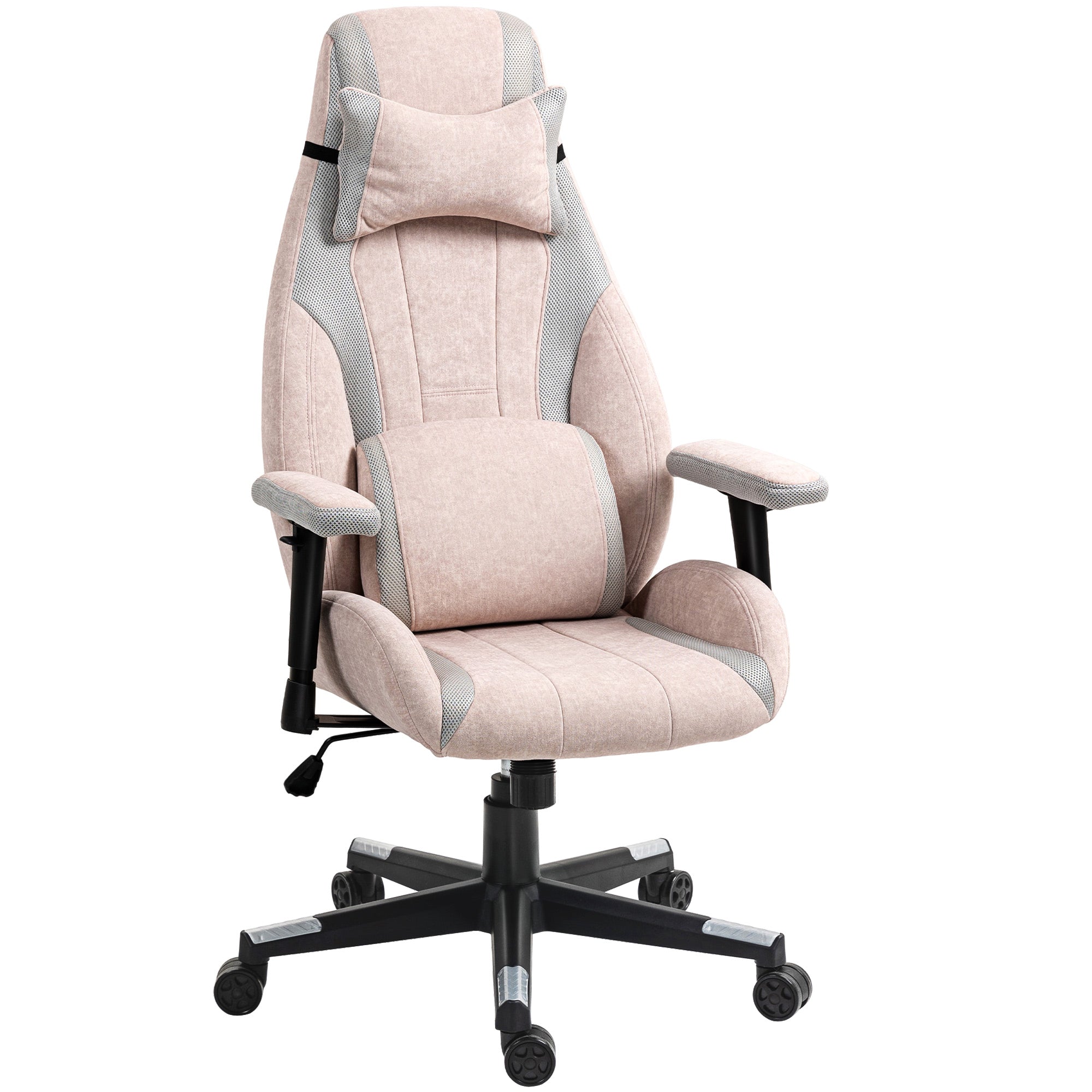 HOMCOM Fabric Gaming Chair with Lumbar Support, Headrest - Pale Pink - North Peak Garden Furniture