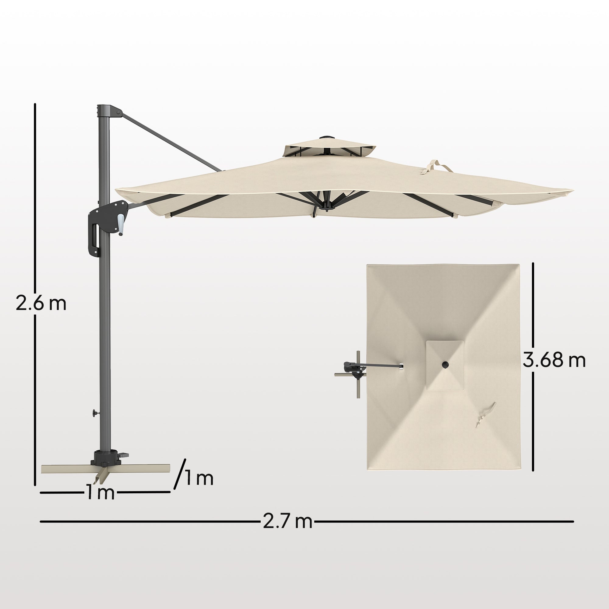 Outsunny 3.7 x 2.7 m Cantilever Parasol w/ 360° Rotation and Easy Tilt Adjustment, Aluminium Hanging Offset Outdoor Umbrella w/ Double Top and Cross Base, UPF50+ Hanging Sun Shade, Black - North Peak Garden Furniture