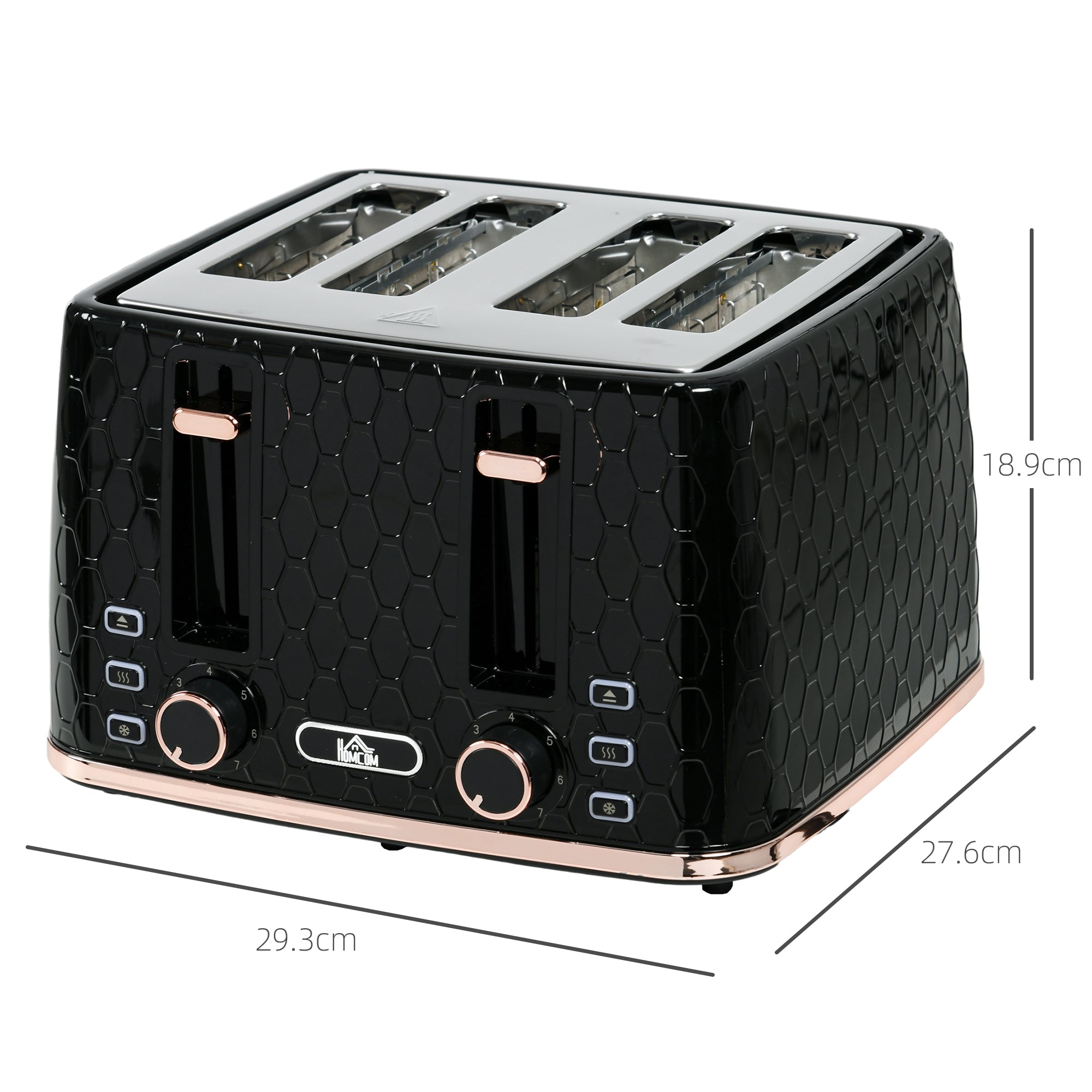 HOMCOM 4 Slice Toaster with 7 Browning Levels, High Lift, Reheat/Defrost/Cancel, Self-centring Function, Removable Crumb Tray, Auto Off, 1600W, Black Honeycomb Texture - North Peak Garden Furniture