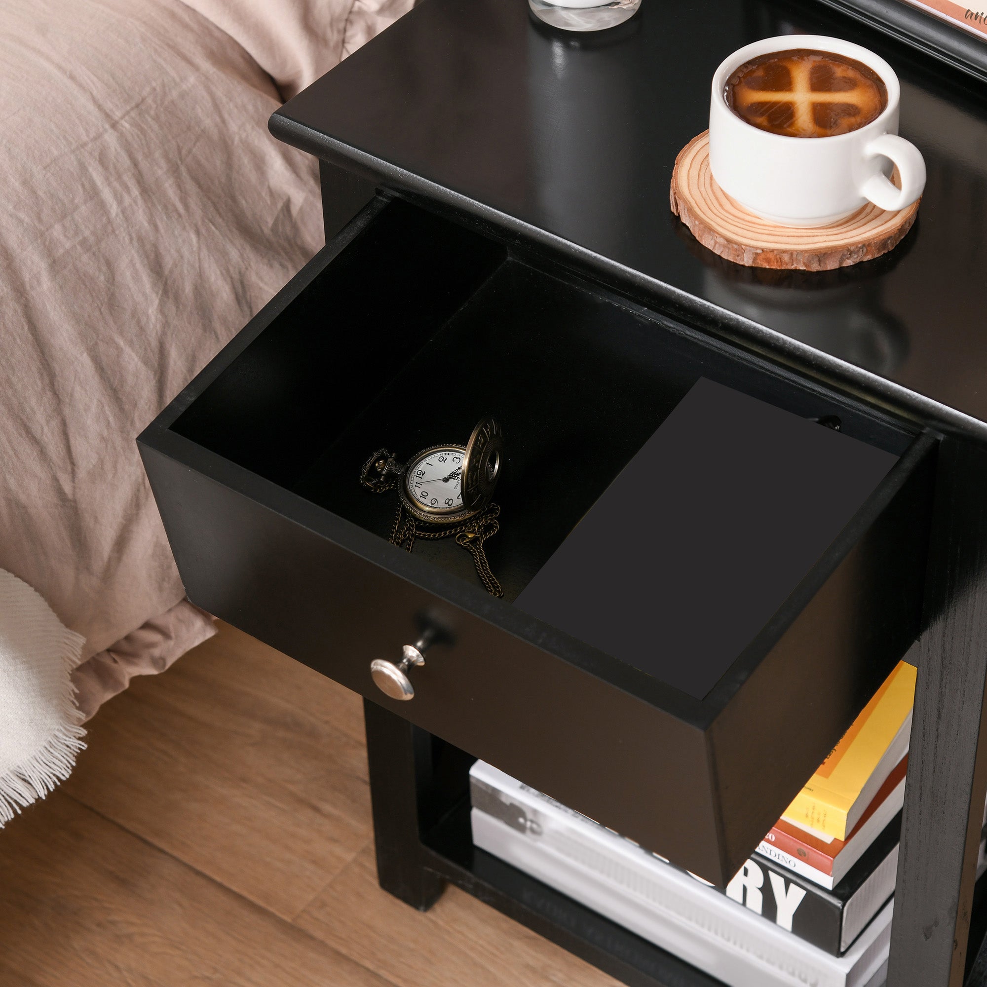 HOMCOM End Table, Sofa Side Table with Drawer X Bar Bottom Storage Shelf, Nightstand Bedside Table for Bedroom or Living Room Black - North Peak Garden Furniture