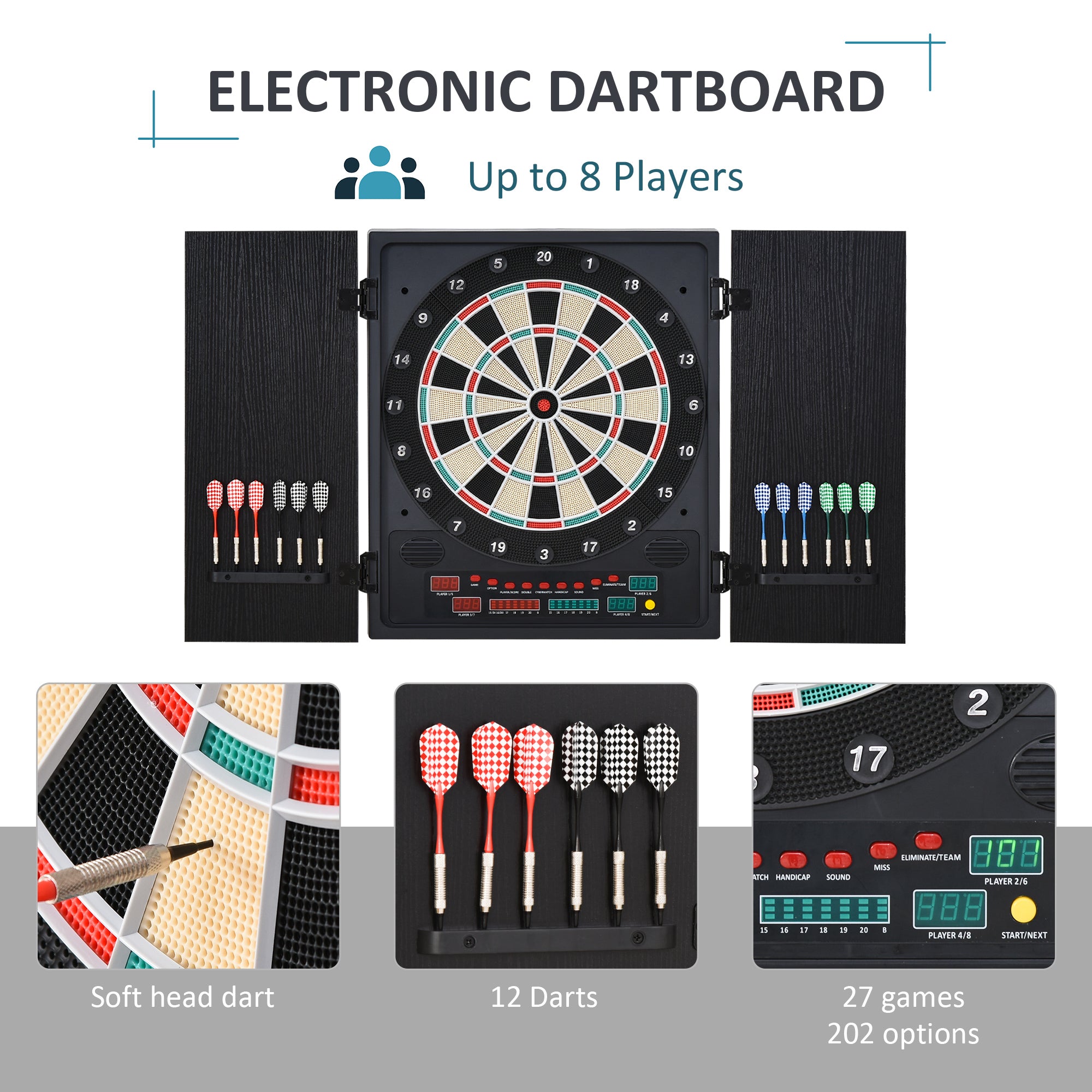 HOMCOM Electronic Dartboard Set, 27 Games Modes and 202 Variations, LED & 12 Soft Tip Darts and Cabinet to Storage, Ready-to-Play Multi-Game Option Darts Machine - North Peak Garden Furniture