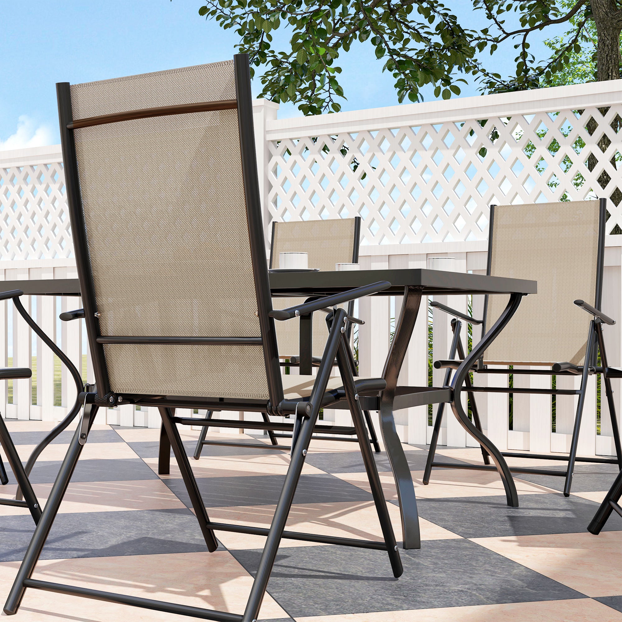 Outsunny Seven-Piece Steel Outdoor Dining Set, with Parasol Hole - Khaki - North Peak Garden Furniture