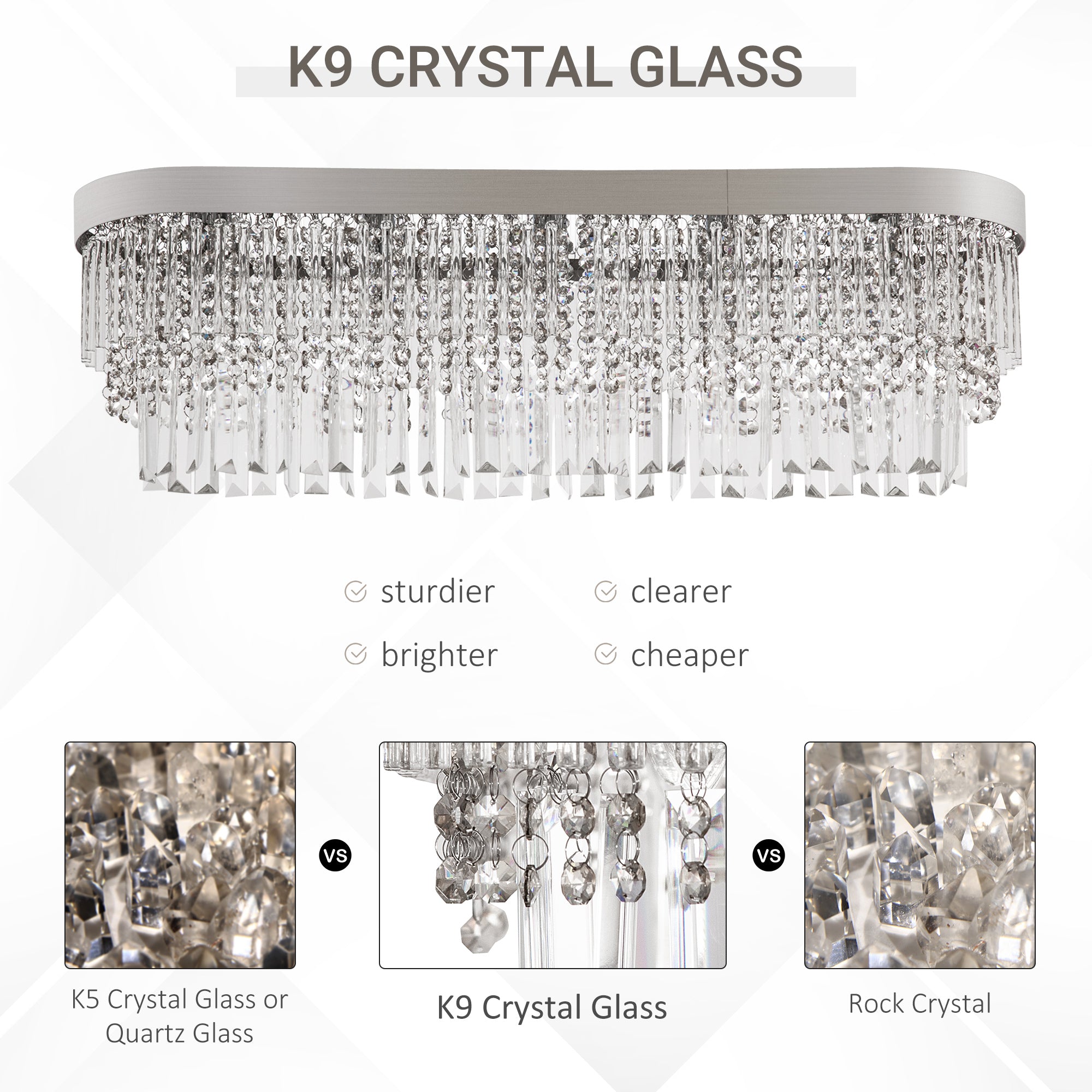 HOMCOM Modern Raindrop Crystal Chandelier, Round Rectangular hanging Ceiling Light, Linear Hanging Lighting with Stainless Steel Base, for Restaurant Kitchen Island Dining Room Hotel, Silver - North Peak Garden Furniture