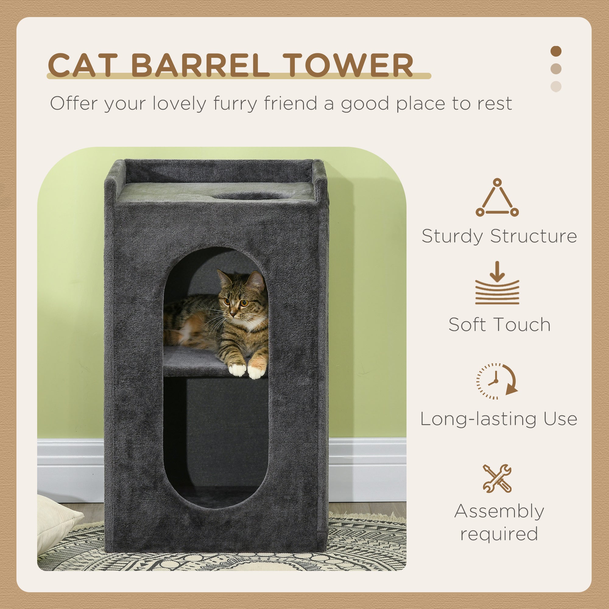 PawHut 81cm Cat Scratching Barrel, with Two Cat Houses for Indoor Cats, Grey - North Peak Garden Furniture