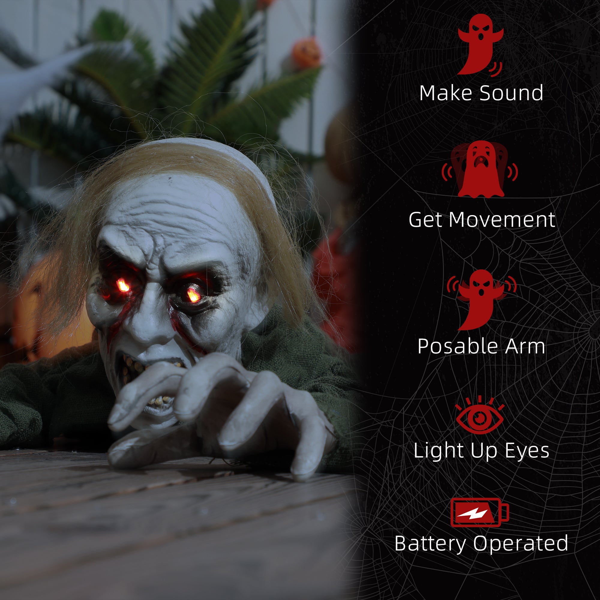 HOMCOM 167 cm Outdoor Halloween Decoration Crawling Zombie, Animated Prop Decor with Sound Activated, Light Up Eyes