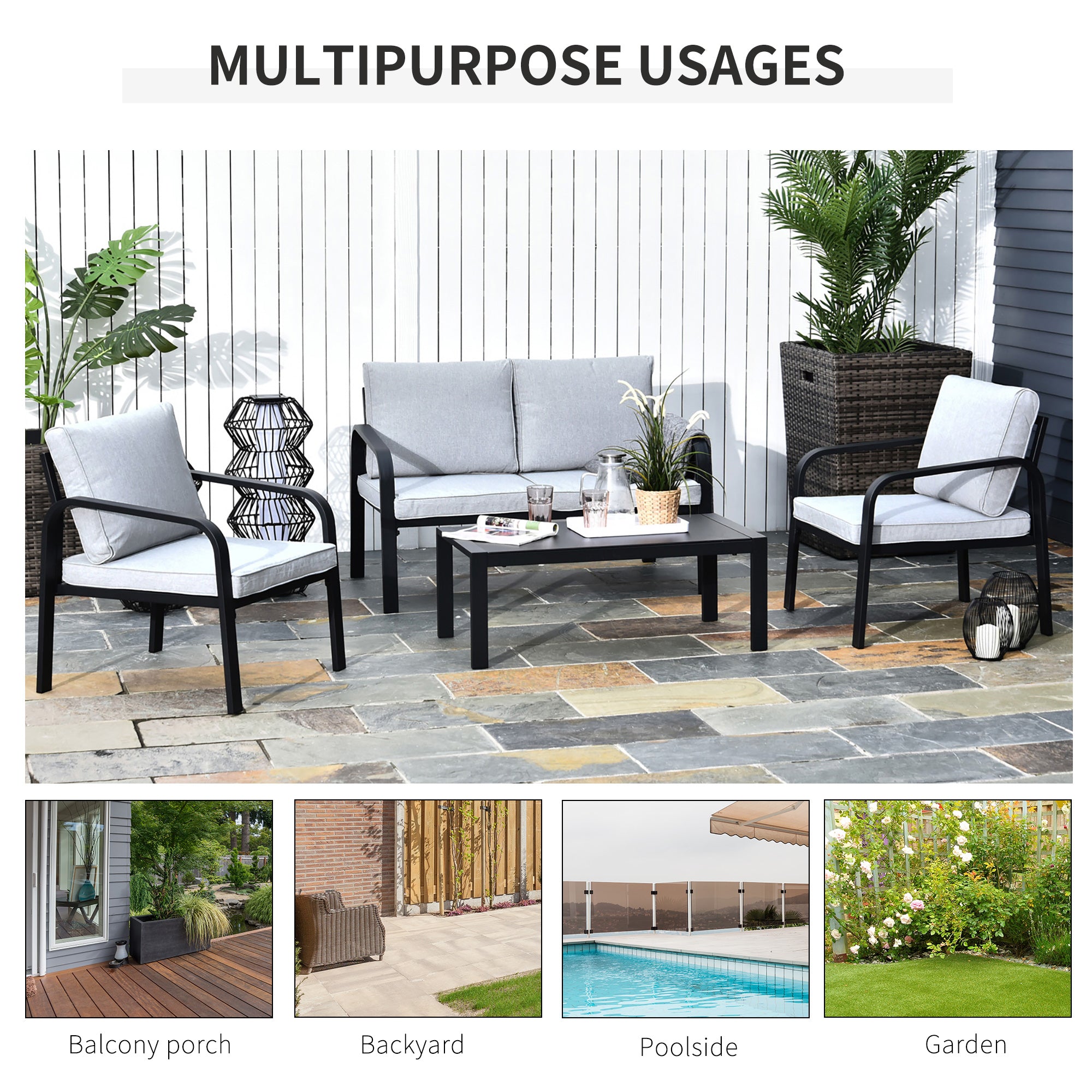 Outsunny 4pcs Garden Sofa Set 2 Single Armchair, 1 Bench & 1 Coffee Table Set Aluminum Frame Patio Furniture with Cushions, Black - North Peak Garden Furniture