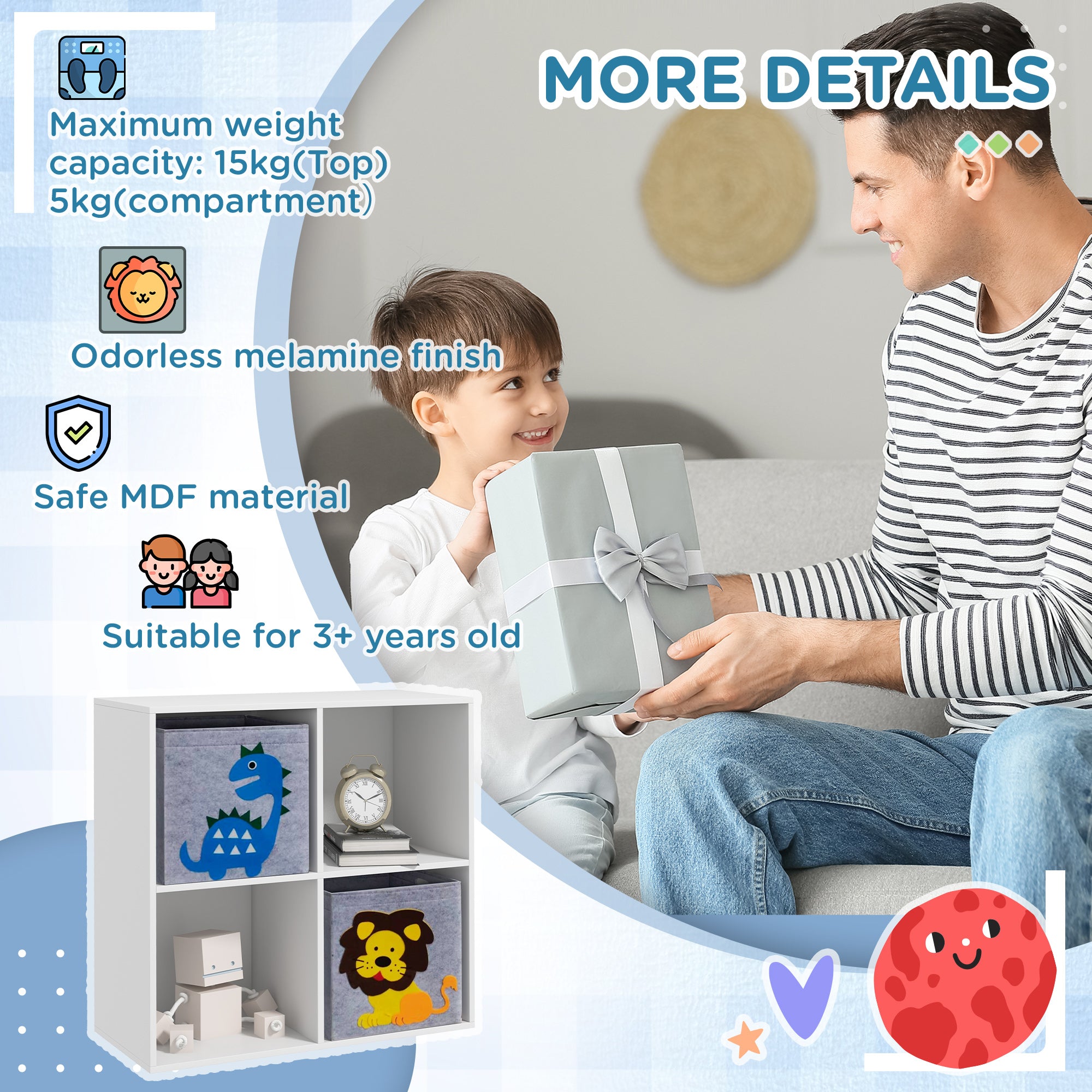 ZONEKIZ Kids Toy Box with Two Non-Woven Fabric Drawers, 61.8 x 29.9 x 61.8cm - White - North Peak Garden Furniture