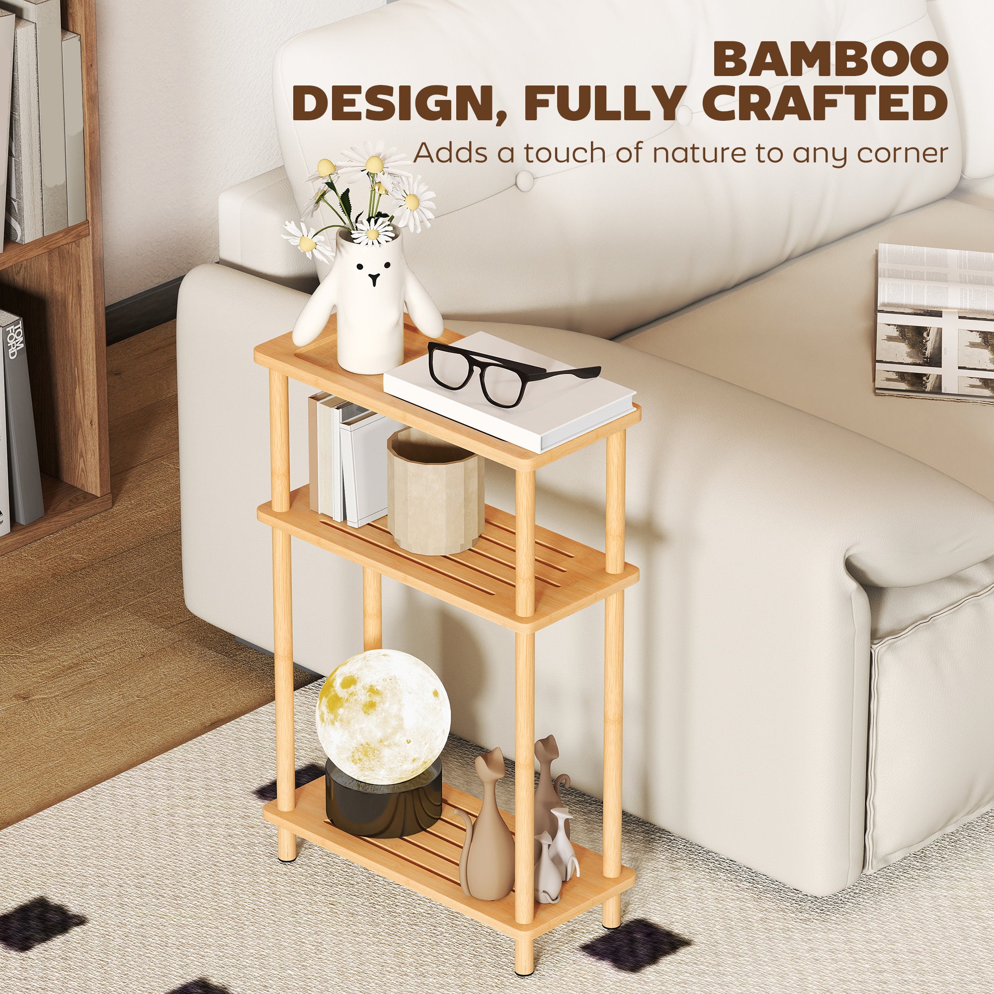 HOMCOM Bamboo Side Table, 3-Tier Slim End Table, Nordic Style, for Living Room, Bedroom, Office, Tool-Free Assembly, Natural Wood Finish