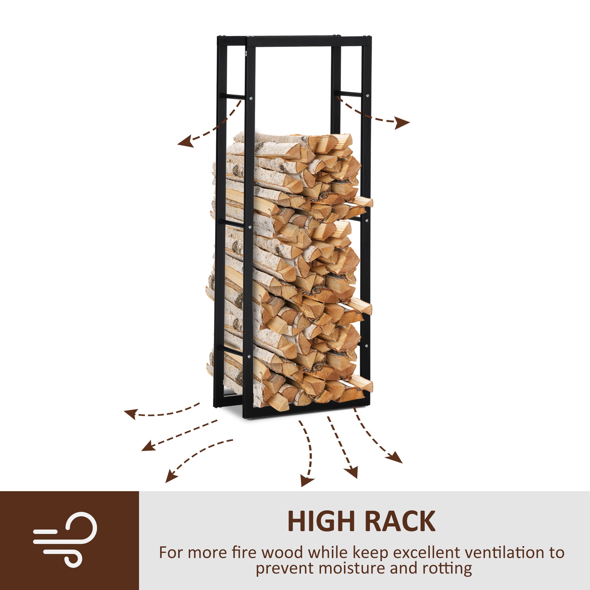 HOMCOM Metal Firewood Log Holder Tall Firewood Rack Indoor Outdoor Fireplace Wood Storage Shelf, Black, 60Wx25Dx150Hcm - North Peak Garden Furniture