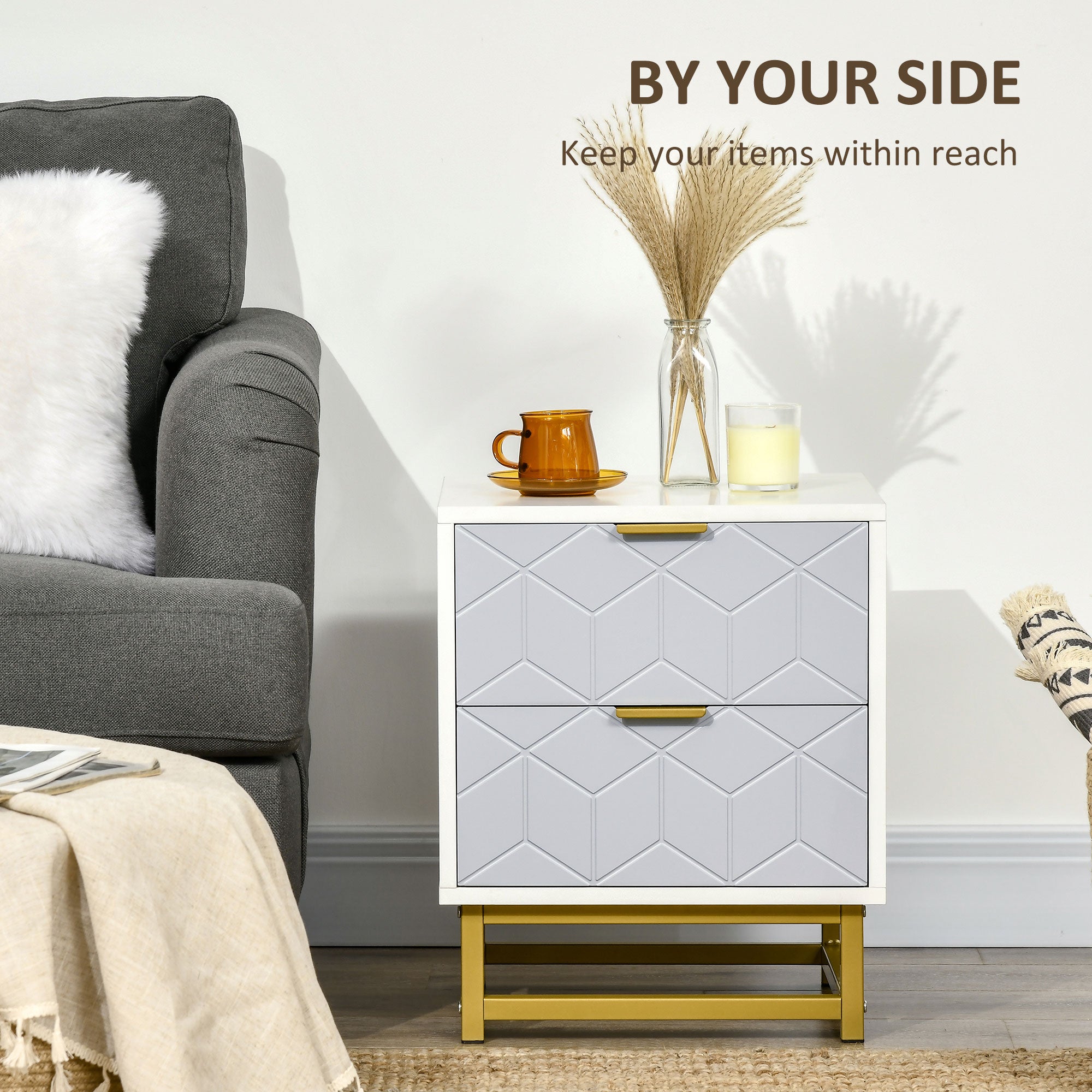 HOMCOM Bedside Table with 2 Drawers, Side Table, Bedside Cabinet with Steel Frame for Living Room, Bedroom, Set of 2, Grey and White - North Peak Garden Furniture