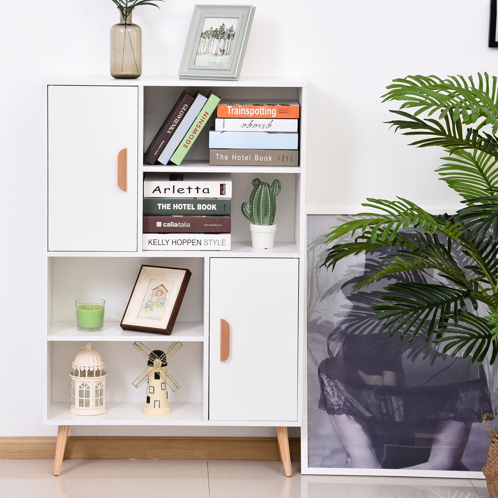 HOMCOM Sideboard Bookshelf Free Standing Bookcase Shelves Unit Display Storage Cabinet w/ Adjustable Shelves, Wooden Leg, Two Doors, White - North Peak Garden Furniture