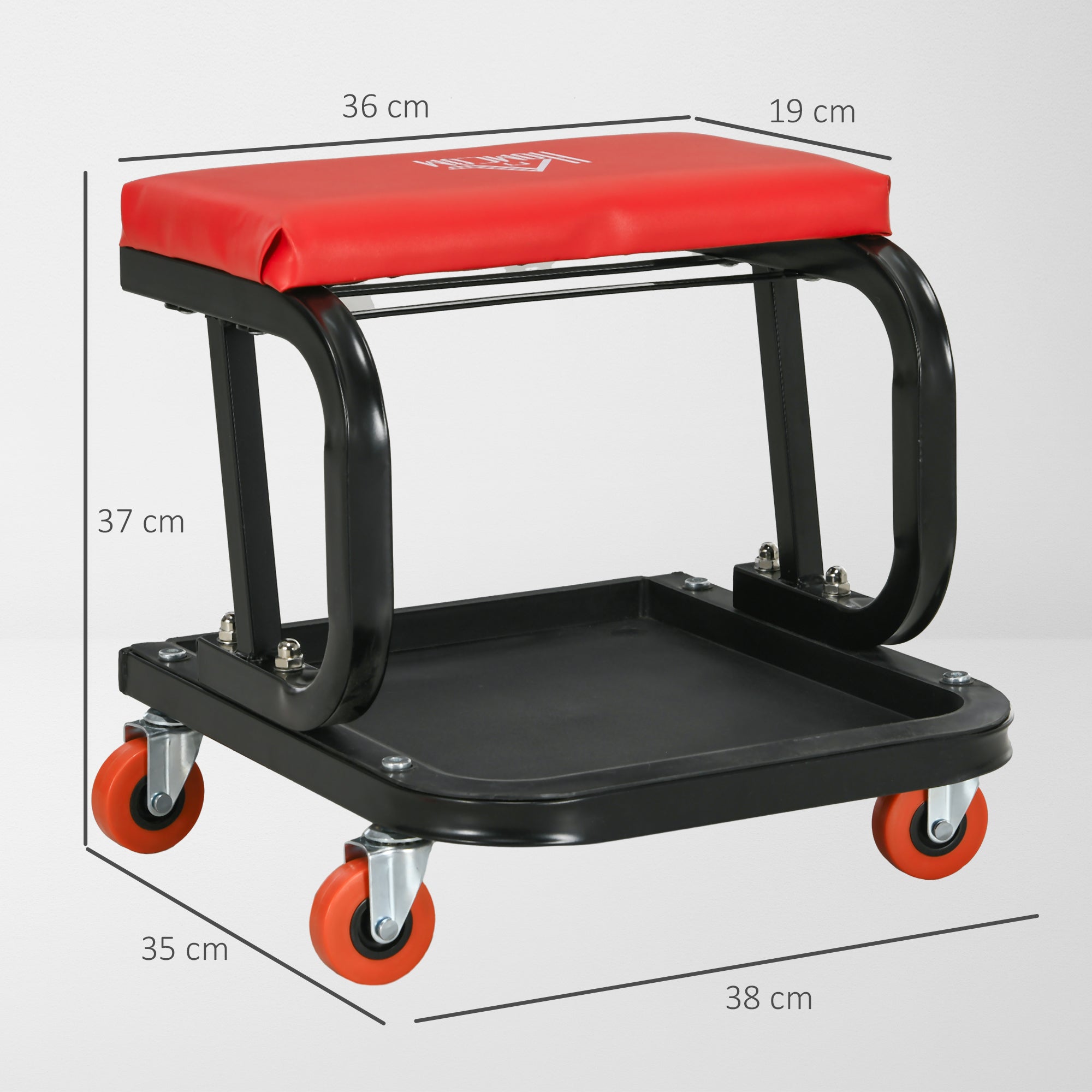 HOMCOM Workshop Stool, Rolling Mechanic Stool with 360 Degree Swivel, Padded Seat, Tool Tray, for Garage, Workshop, Auto Repair, Red - North Peak Garden Furniture
