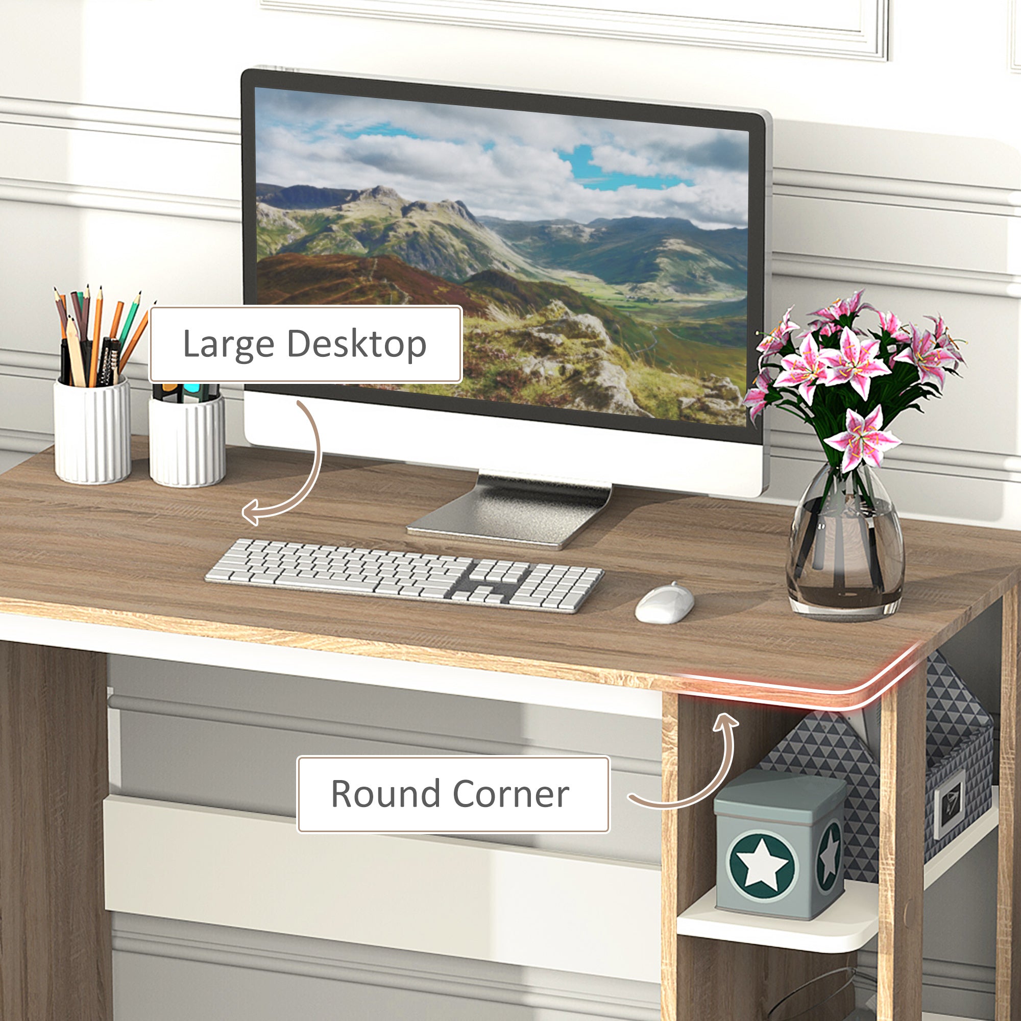 HOMCOM Computer Desk, Writing Desk with 3-Tier Storage Shelf, Work Table for Home Office, Study, Living Room, Oak and White - North Peak Garden Furniture