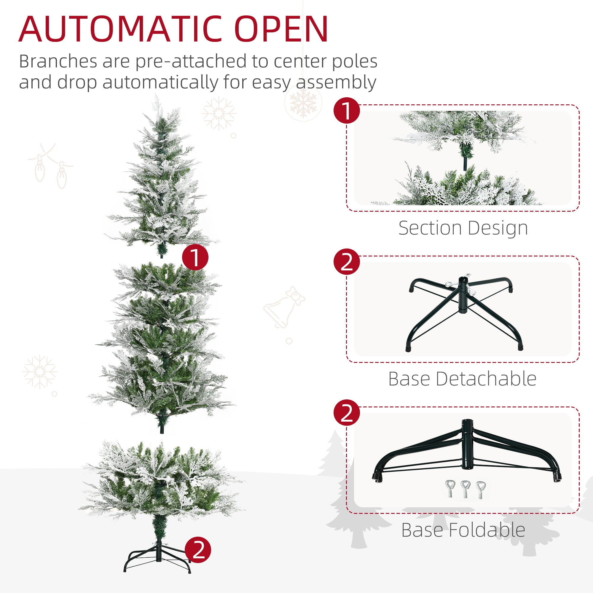 HOMCOM 7 Ft Pencil Snow Flocked Artificial Christmas Tree with Realistic Cypress Branches, Auto Open, Green - North Peak Garden Furniture