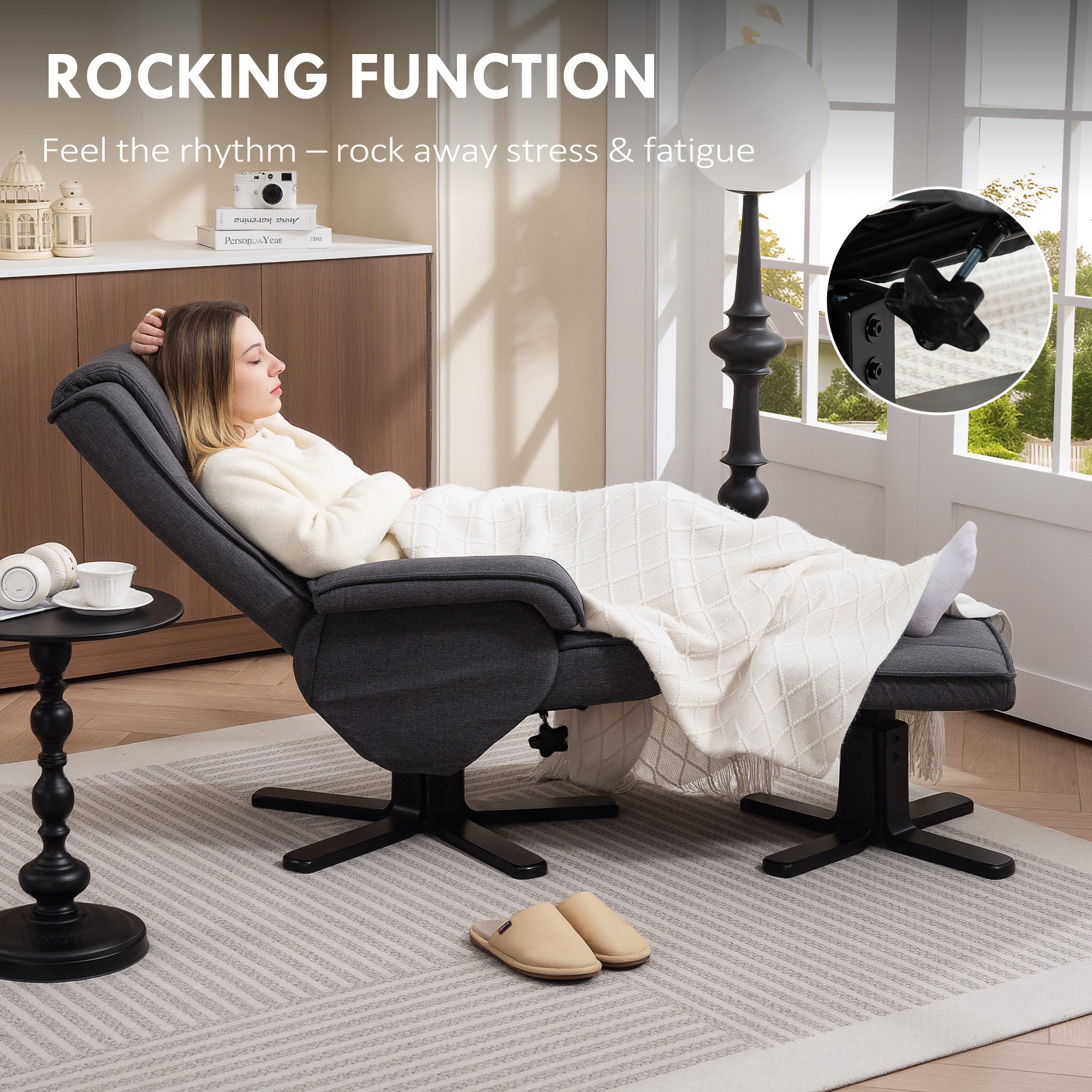 HOMCOM Rocker Swivel Recliner Chair with Footstool - Charcoal Grey Linen - North Peak Garden Furniture