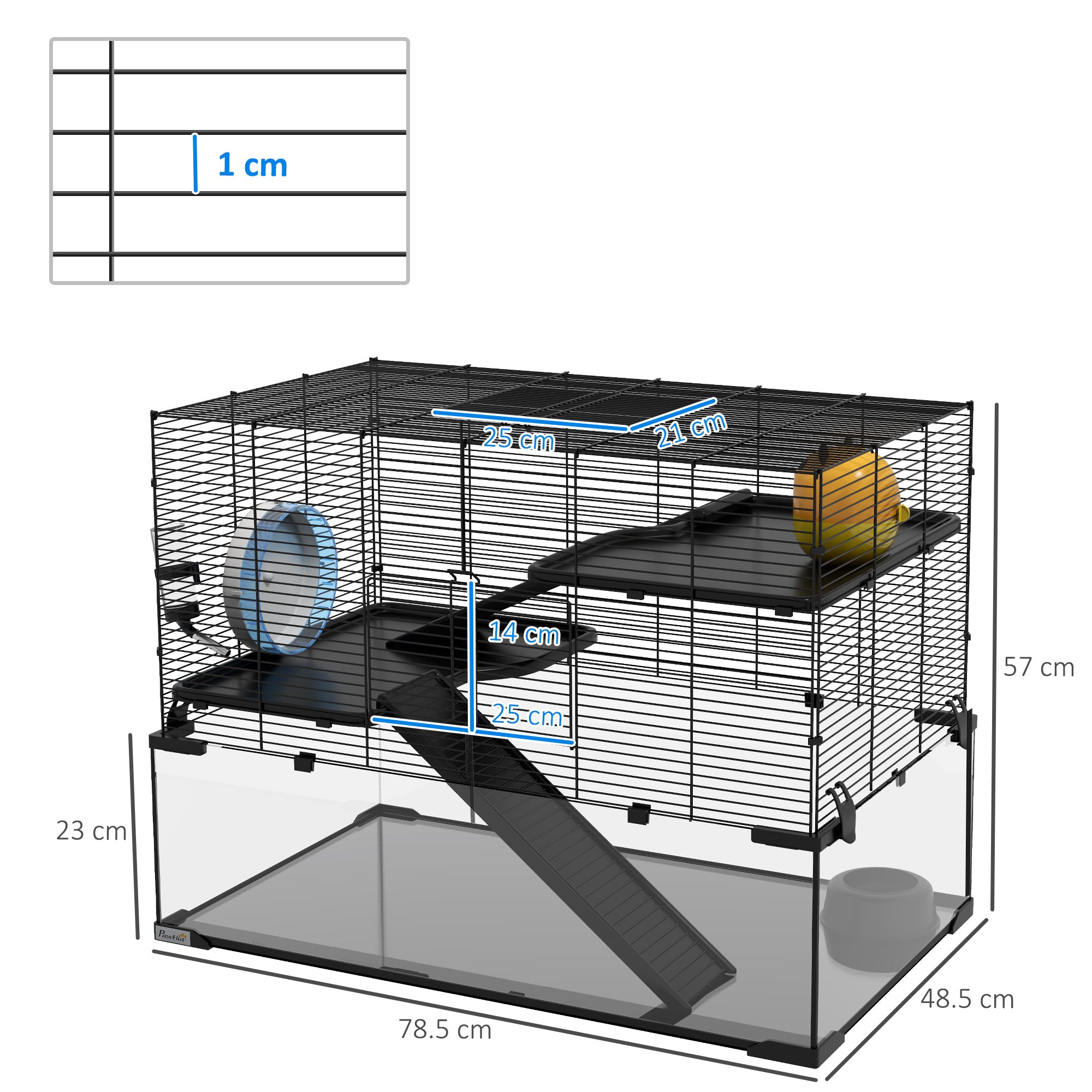 PawHut 3 Tiers Hamster Cage, Gerbil Cage with Deep Glass Bottom, Non-Slip Ramps, Platforms, Hut, Exercise Wheels, Water Bottle, Dish, for Syrian Hamster, Dwarf Hamster, 78.5 x 48.5 x 57cm