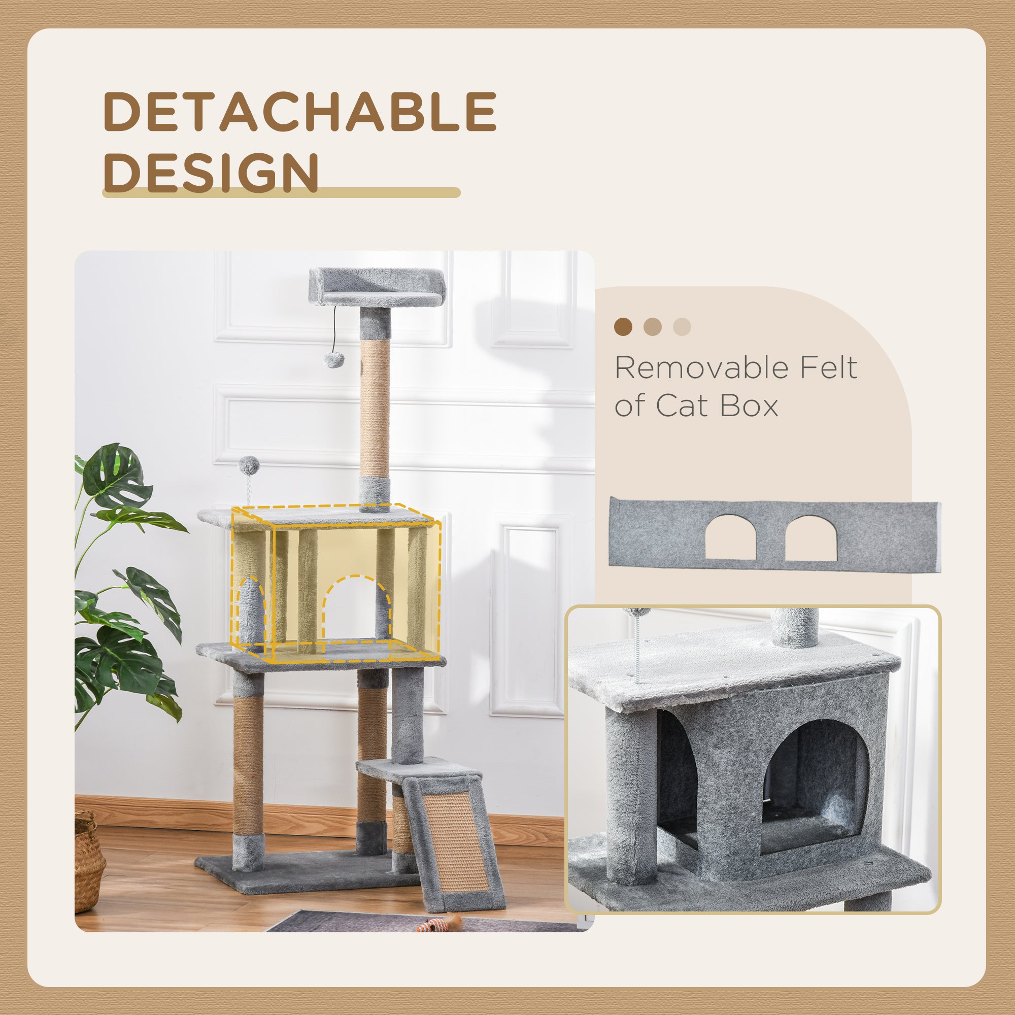 PawHut Cat Tree Tower for Indoor Cats 142cm Climbing Kitten Activity Center with Jute Scratching Post Board Perch Roomy Condo Removable Felt Hanging Toy, Grey - North Peak Garden Furniture