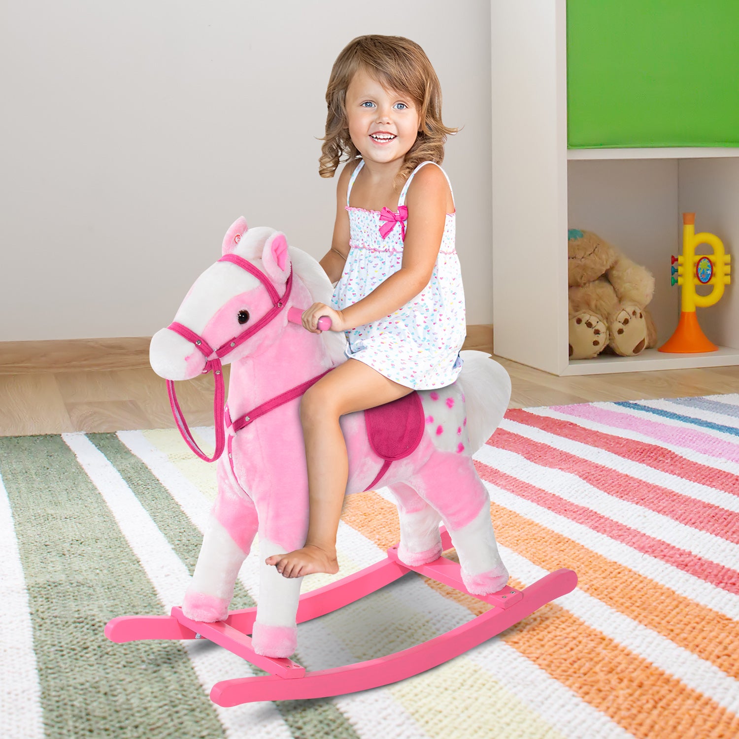 HOMCOM Baby Rocking Horse Plush Ride on Animals Rocker with Sound Handle Grip for Kids 3-6 Years - Pink