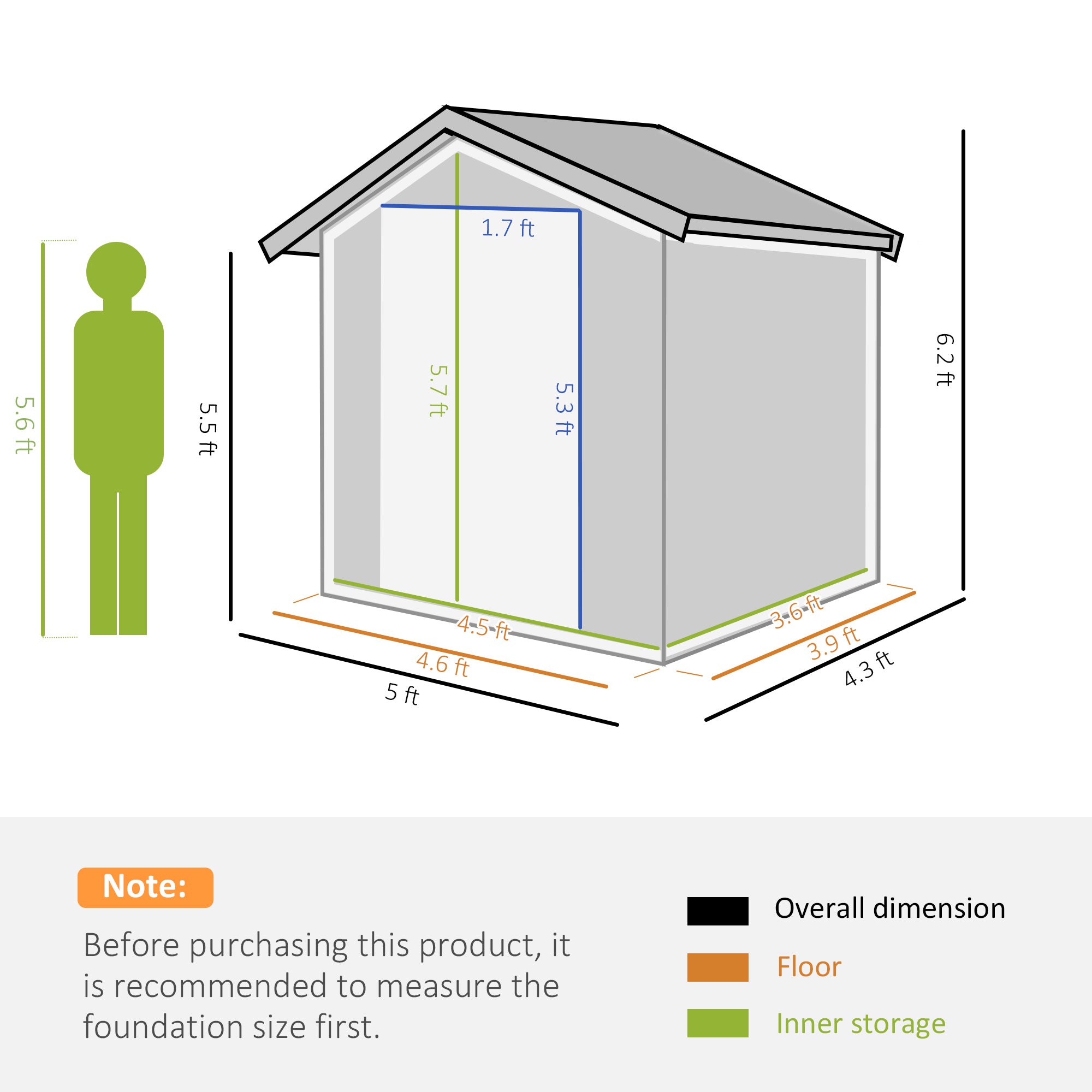 Outsunny Garden Metal Tool Storage Shed with Sliding Door, Sloped Roof and Foundation Kit, 152 x 132 x 188cm, Grey - North Peak Garden Furniture