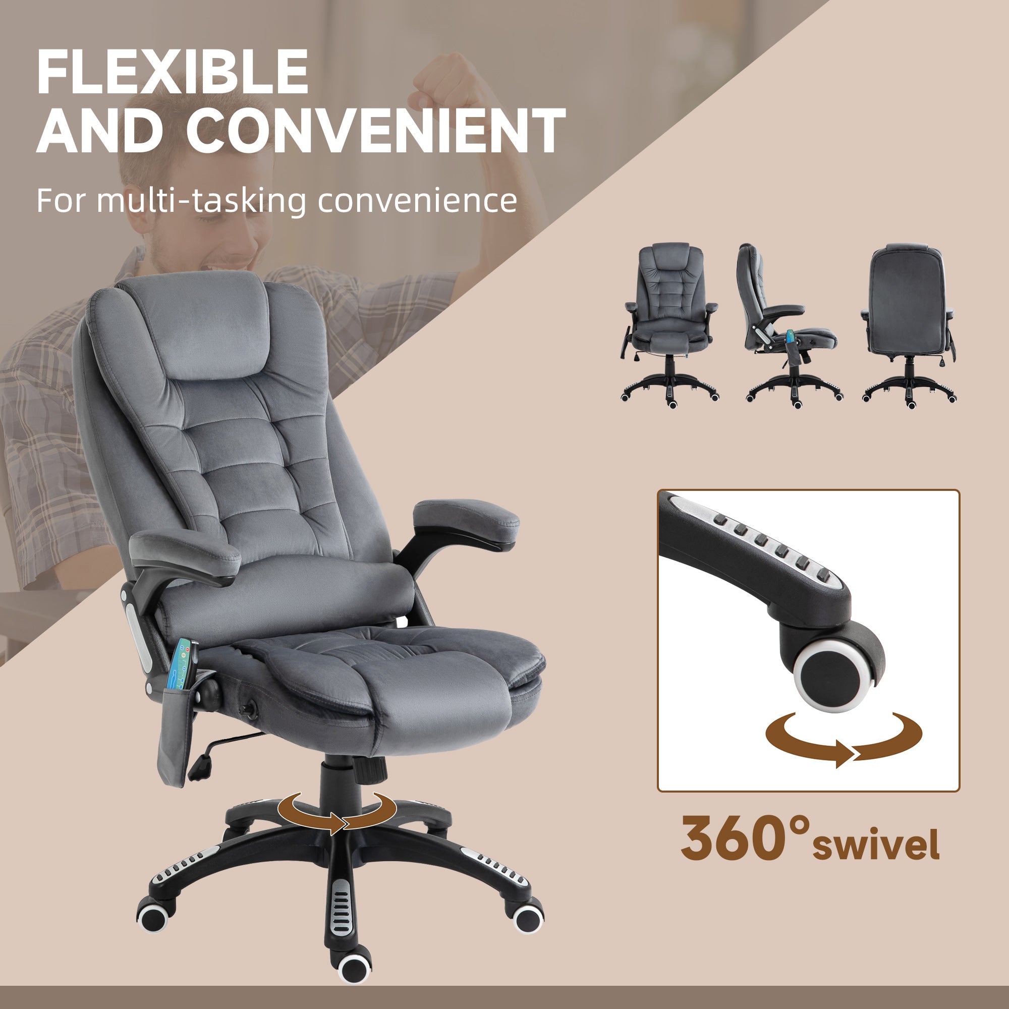 Vinsetto Massage Recliner Chair Heated Office Chair with Six Massage Points Velvet-Feel Fabric 360° Swivel Wheels Grey - North Peak Garden Furniture