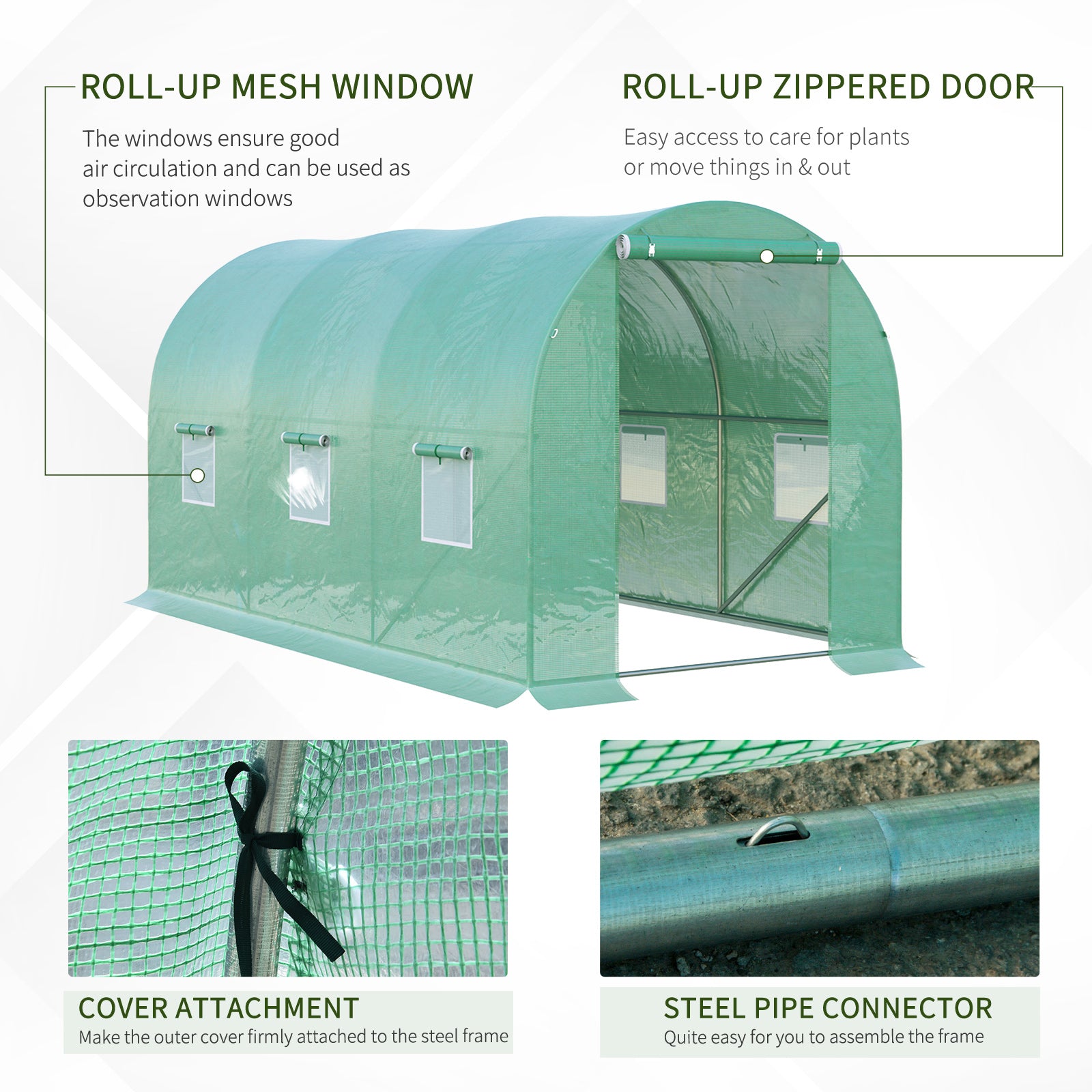 Outsunny 4L x 2W x 2H M Greenhouse Walk-in Polytunnel Outdoor Garden Flower Vegetable Planter 25mm Diameter Galvanised Steel Frame with Zipped Door