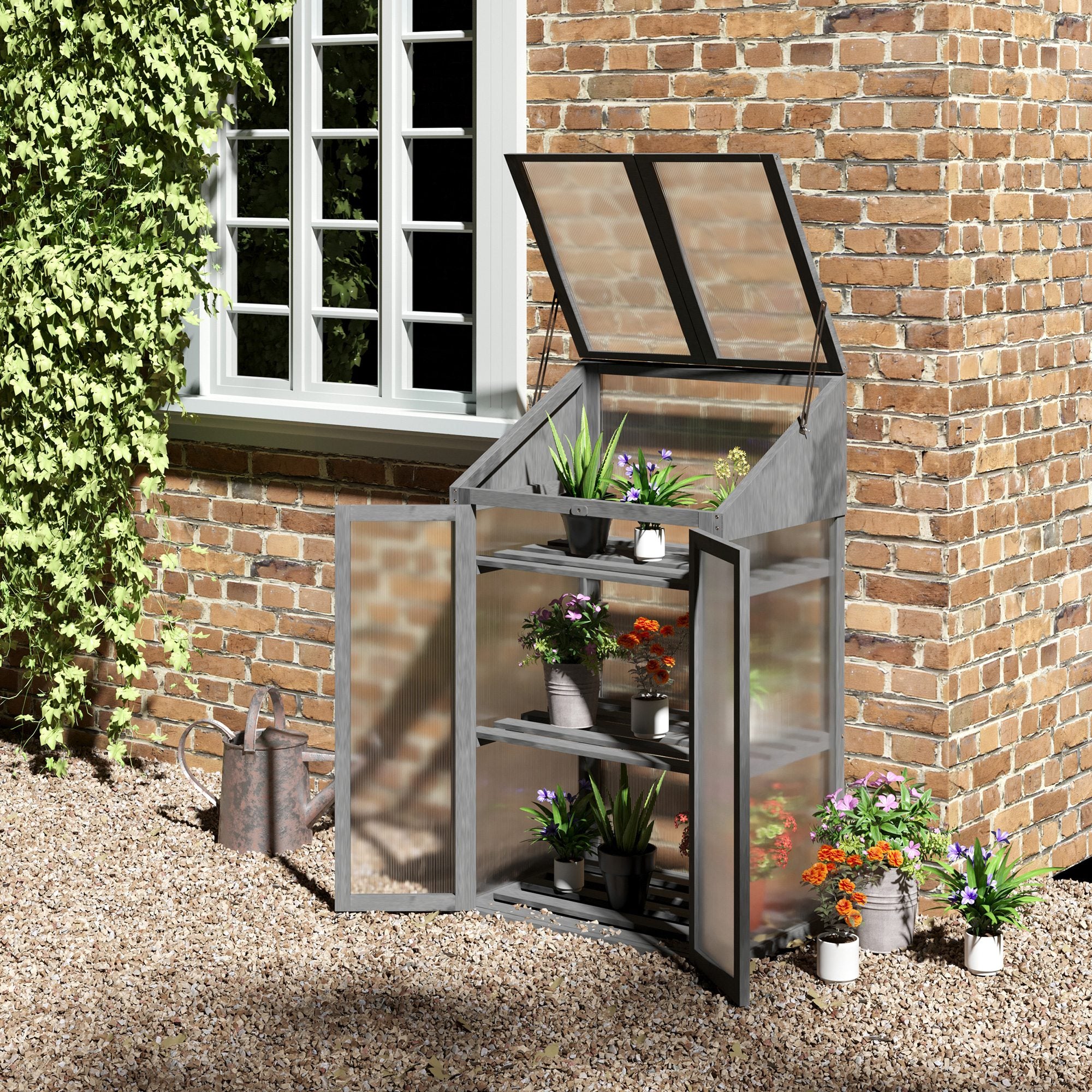 Outsunny Wooden Cold Frame Polycarbonate Greenhouse with Openable Top Cover and Double Door, Grow House for Flower, Vegetable and Plants, 70 x 50 x 120cm, Grey - North Peak Garden Furniture