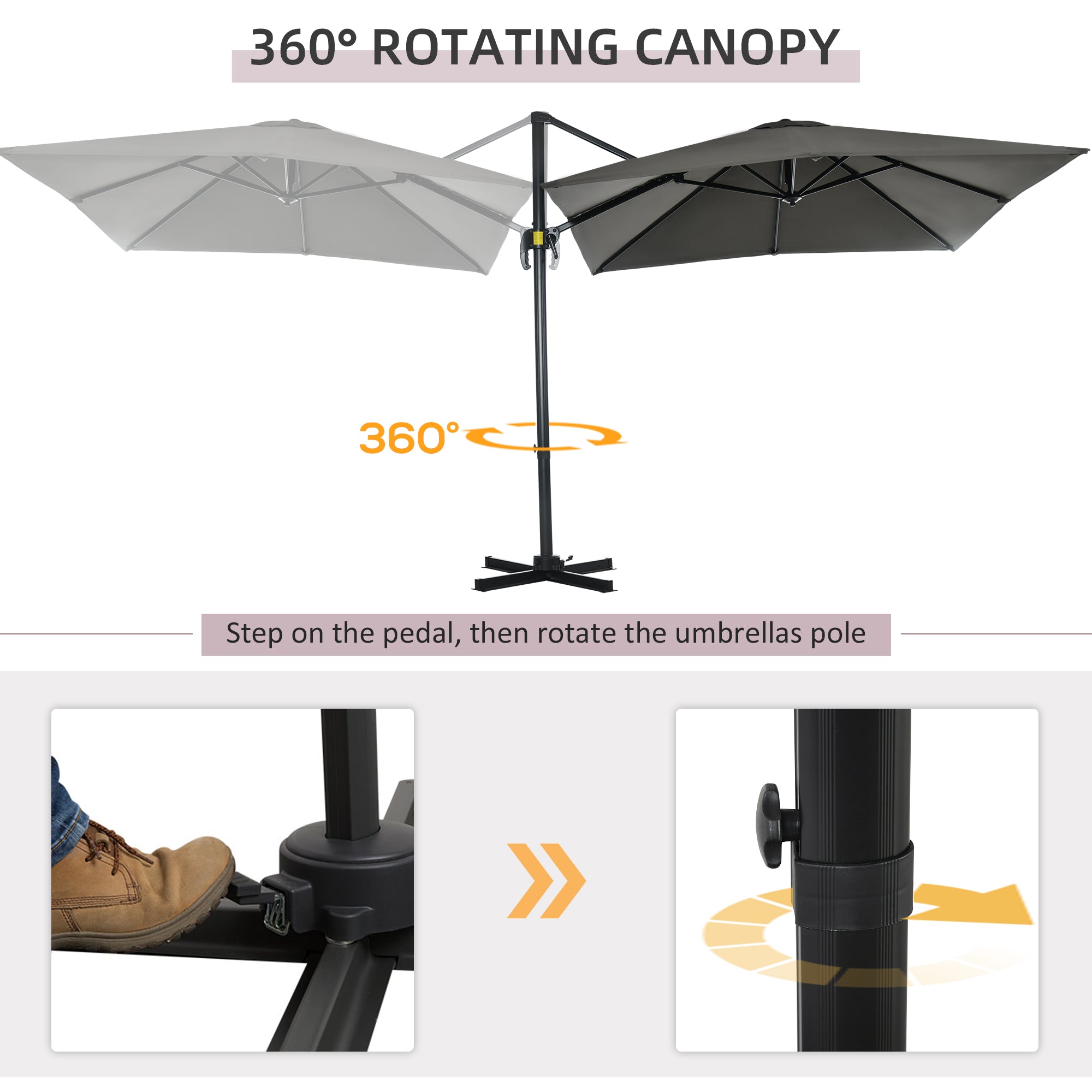 Outsunny 2.5 x 2.5m Patio Offset Parasol Umbrella Cantilever Hanging Aluminium Sun Shade Canopy Shelter 360° Rotation with Crank Handle and Cross Base, Grey