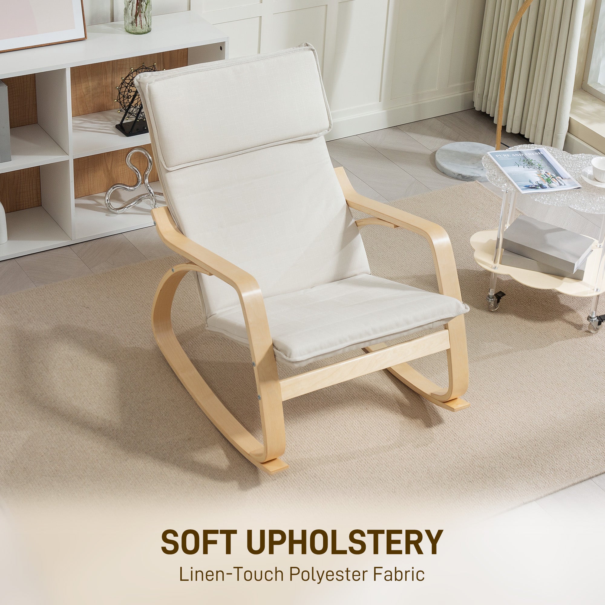 HOMCOM Comfortable Relax Rocking Chair, Upholstered Lounge Chair Recliner with High Back and Headrest for Living Room, Bedroom, Cream White - North Peak Garden Furniture