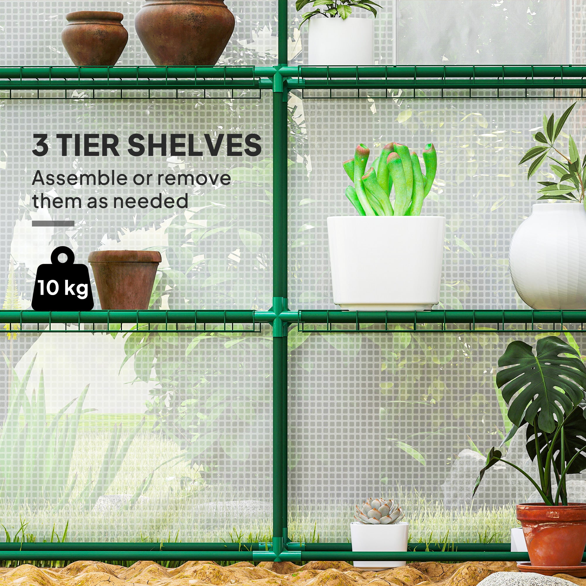 Outsunny Walk-in Greenhouse with 3 Tier Shelves, Outdoor Green House Garden Grow House with Reinforced PE Cover, Roll-up Door and Mesh Windows, 140 x 213 x 190cm, White