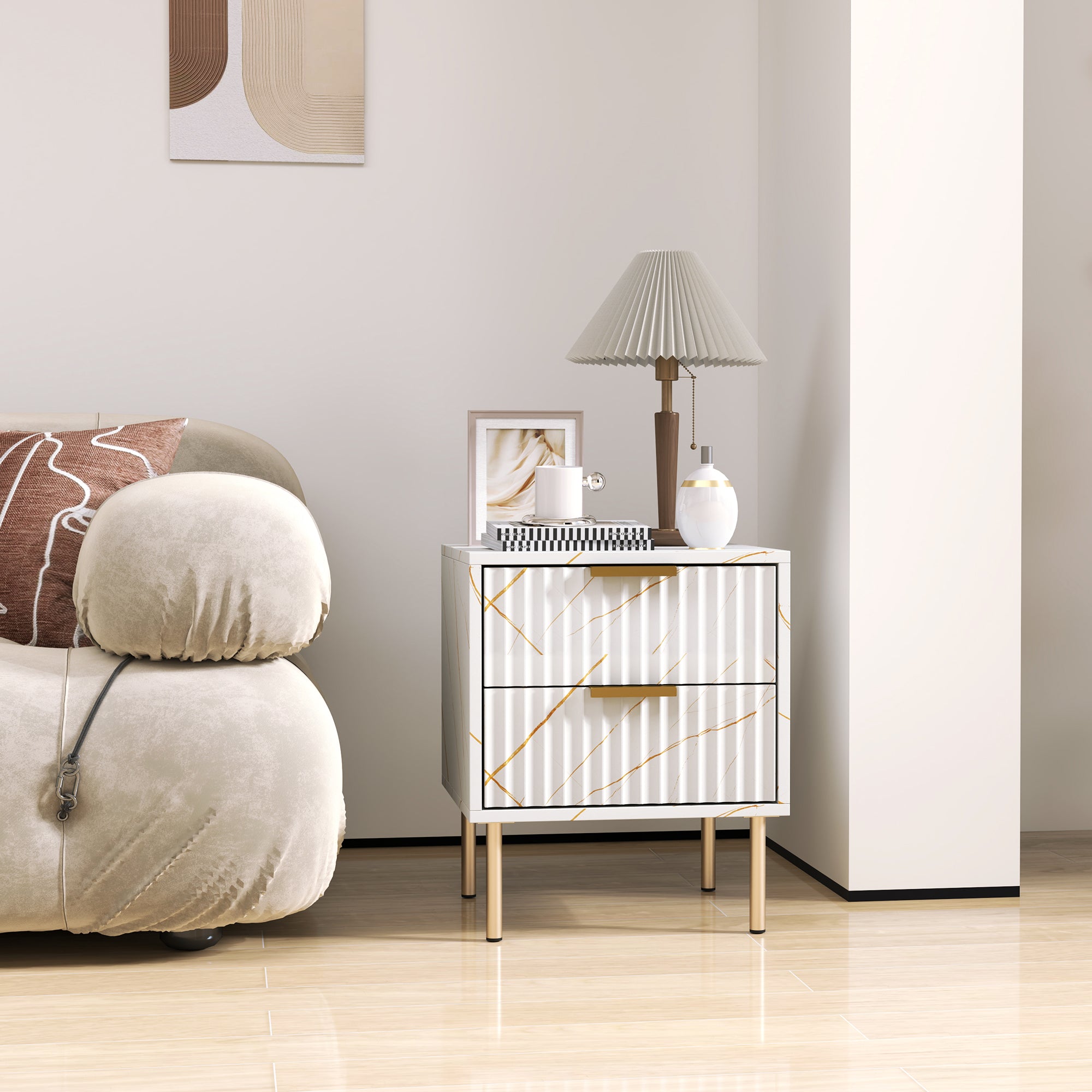 HOMCOM Elegant Two-Drawer Bedside Table - White - North Peak Garden Furniture