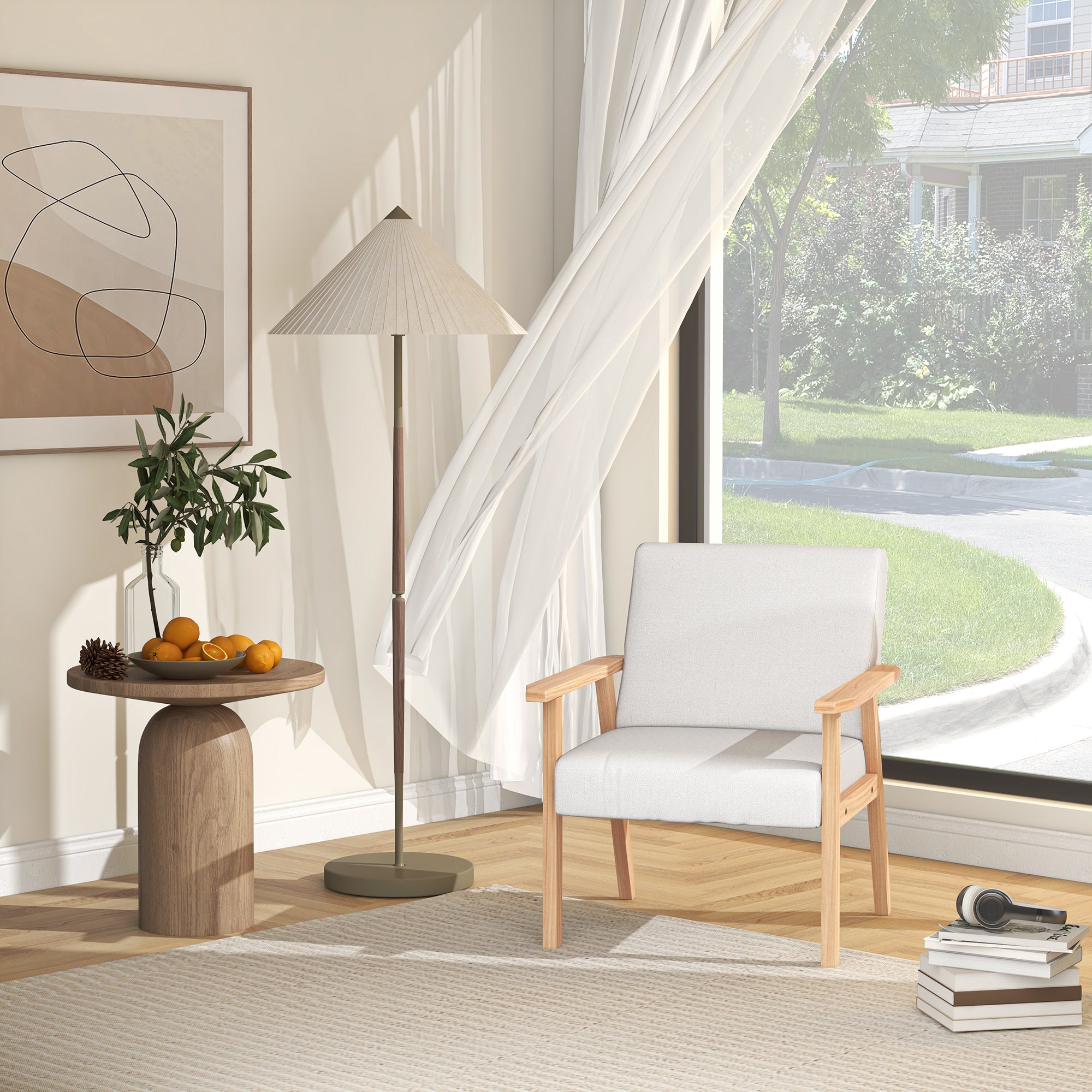 HOMCOM Accent Chair Wood Frame with Thick Linen Cushions Wide Seat Armchair Home Furniture Bedroom Office Cream White - North Peak Garden Furniture