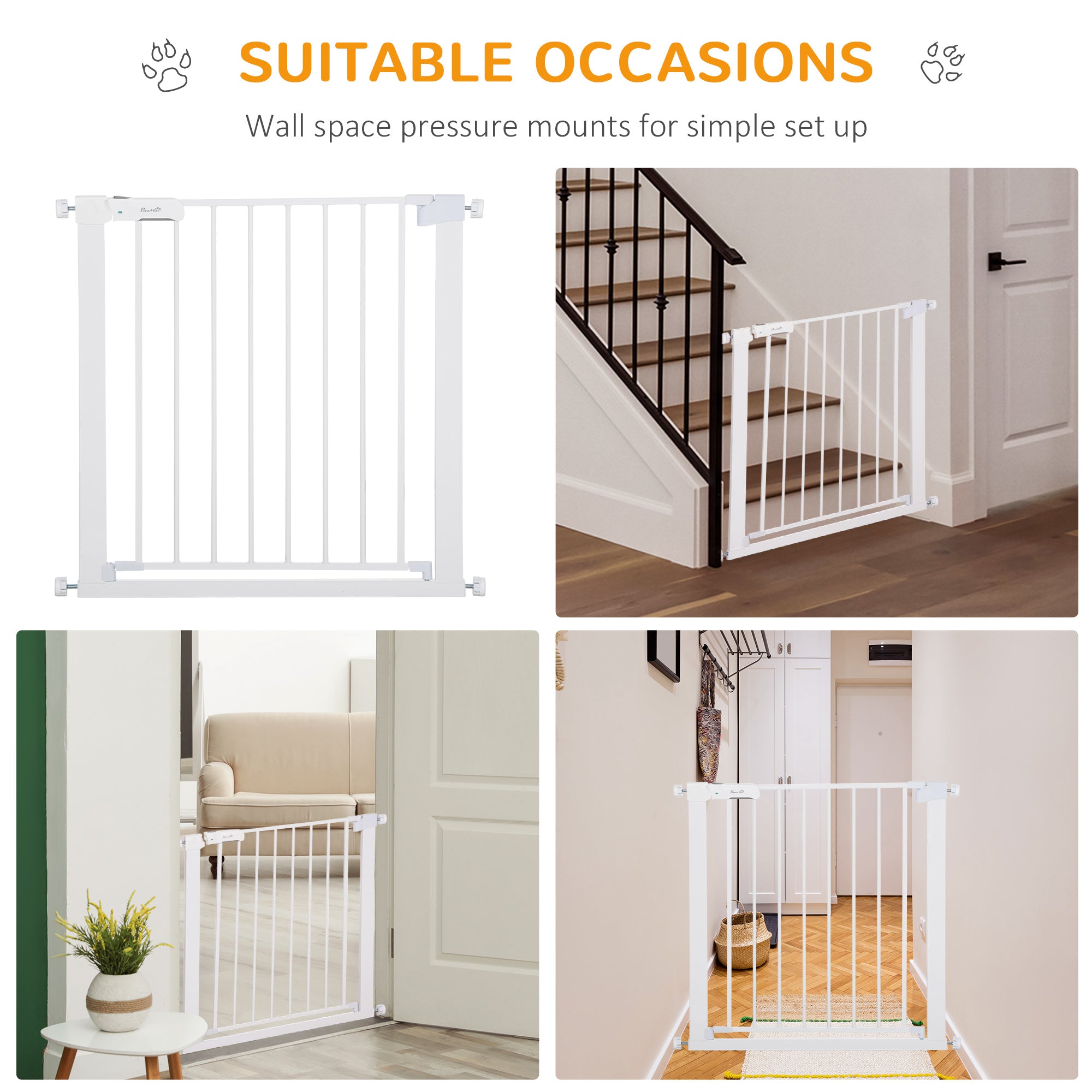 PawHut Adjustable Pet Safety Gate Dog Barrier Home Fence Room Divider Stair Guard Mounting White (76 H x 75-82W cm) - North Peak Garden Furniture