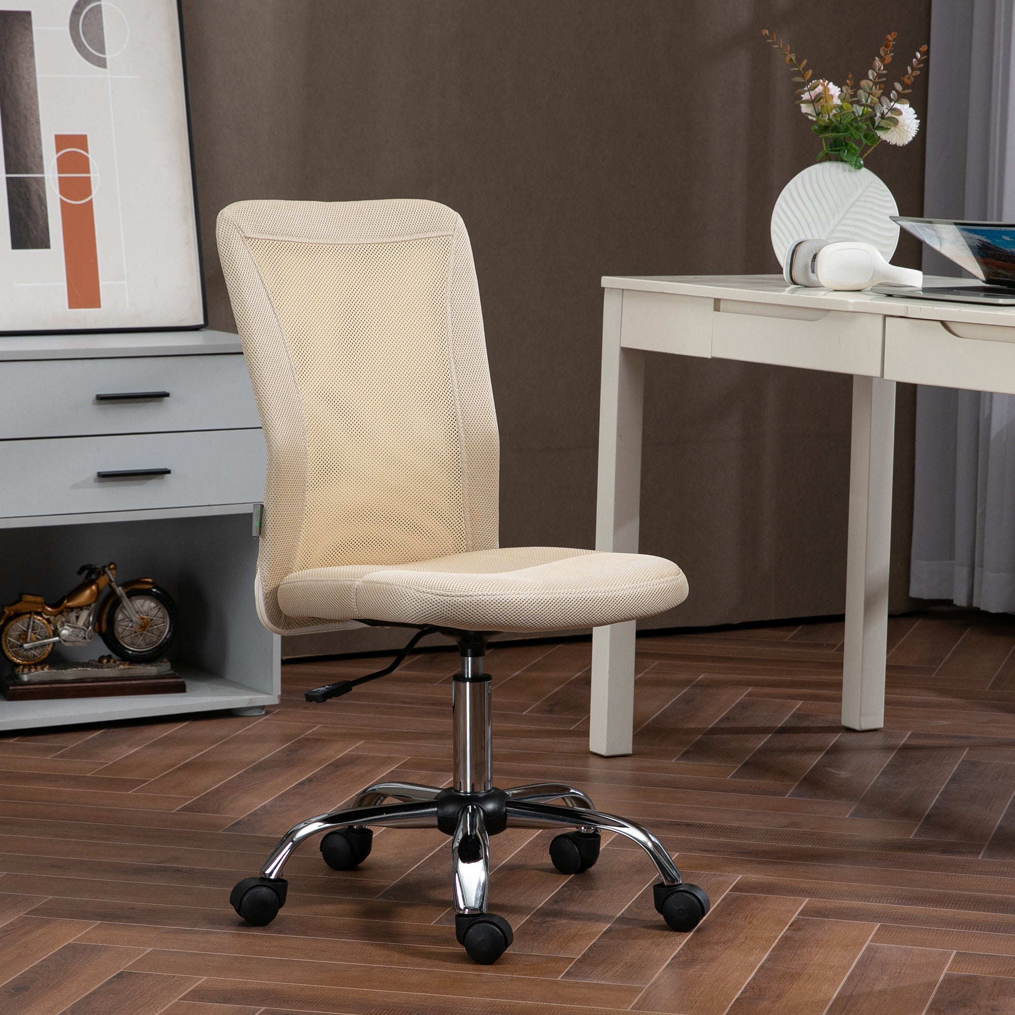 Vinsetto Computer Desk Chair, Mesh Office Chair with Adjustable Height and Swivel Wheels, Armless Study Chair, Beige - North Peak Garden Furniture