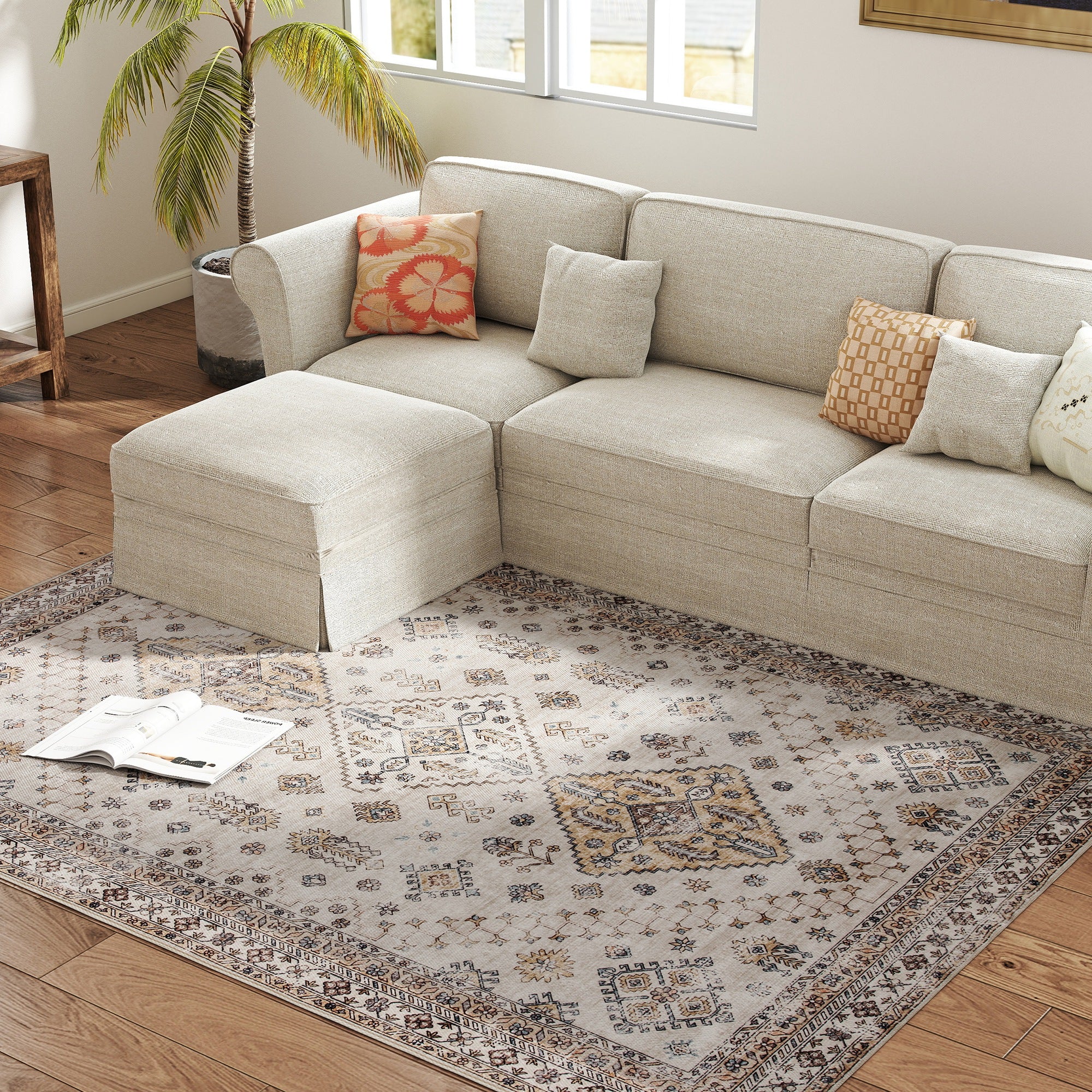 HOMCOM Vintage Area Rug, Non-Slip Washable Rug, Flannel Floor Carpet for Living Room, Bedroom, Dining Room, Home Office, 230 x 160 cm, Beige