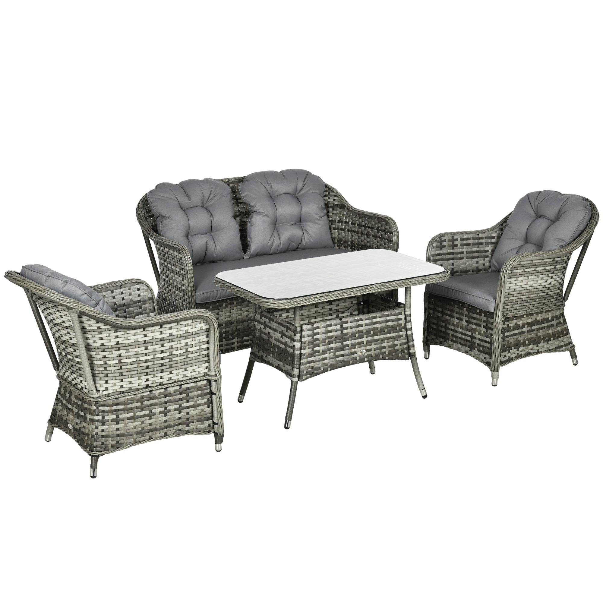 Outsunny 4 Pieces Outdoor PE Rattan Garden Furniture, Patio Round Wicker Woven Conversation Sofa Set w/ Padded Cushions and Tempered Glass Top Table For Balcony, Pool, Backyard, Sand - North Peak Garden Furniture